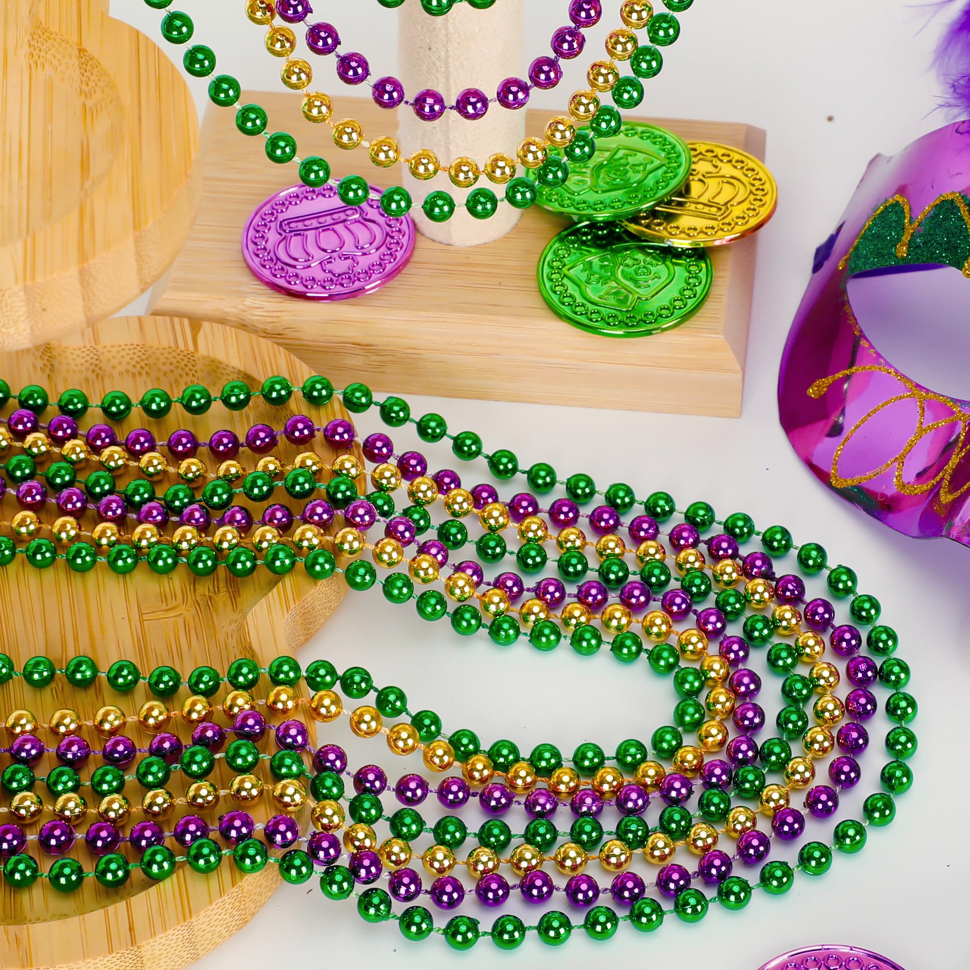 EOBOH 12PCS Mardi Gras Beads, Green Purple Gold Mardi Gras Metallic Costumes Necklaces Bulk, Mardi Gras Beads Necklace Costumes Accessory Sets for Parade Throws Party Decorations Favor Supplies