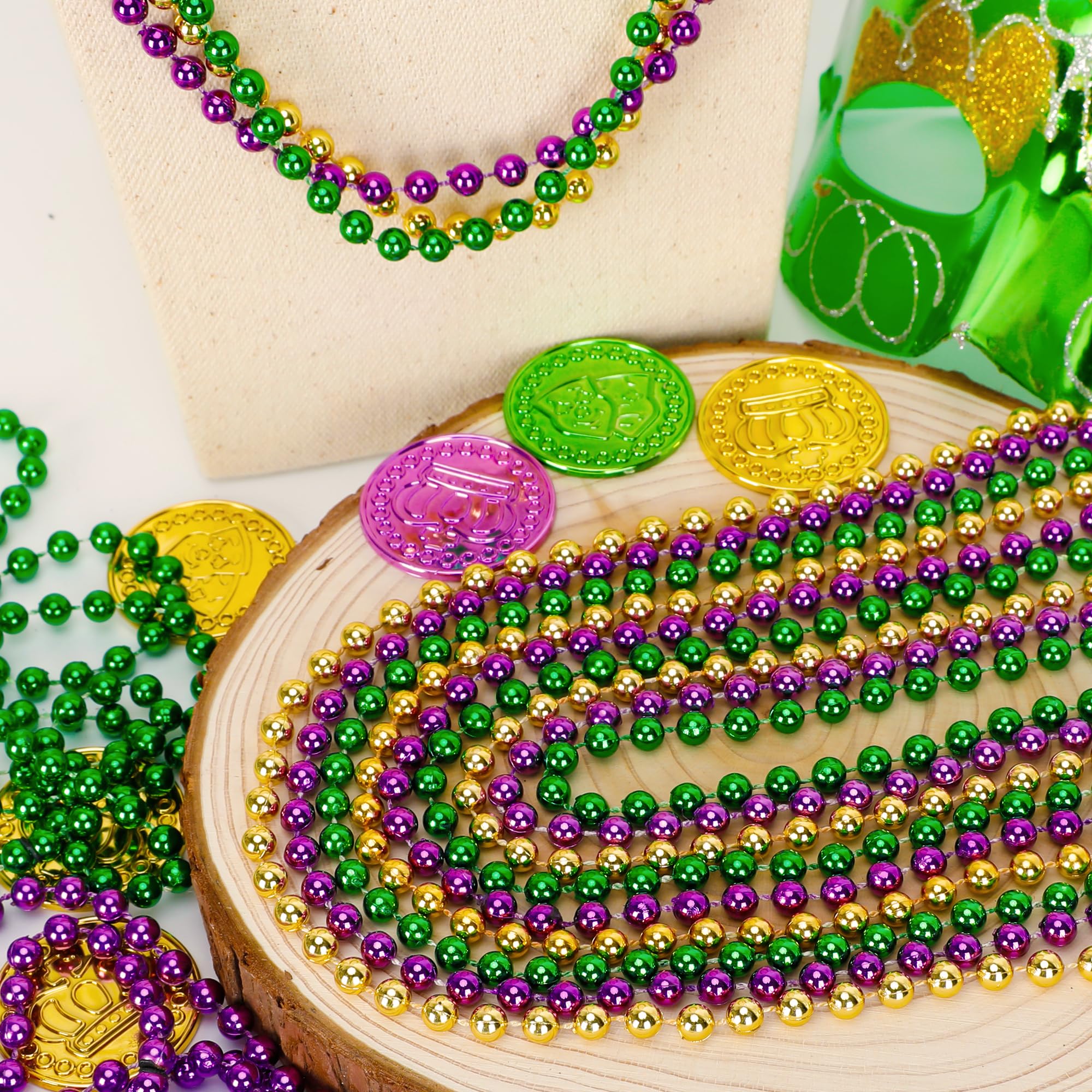 Huskein 120PCS Mardi Gras Beads, 33" Beaded Necklace, Purple Gold Green Mardi Gras Accessories, Party Costume Necklaces Parade Throws Women Men Beads Bulk for Party Event Favors Supplies Decorations