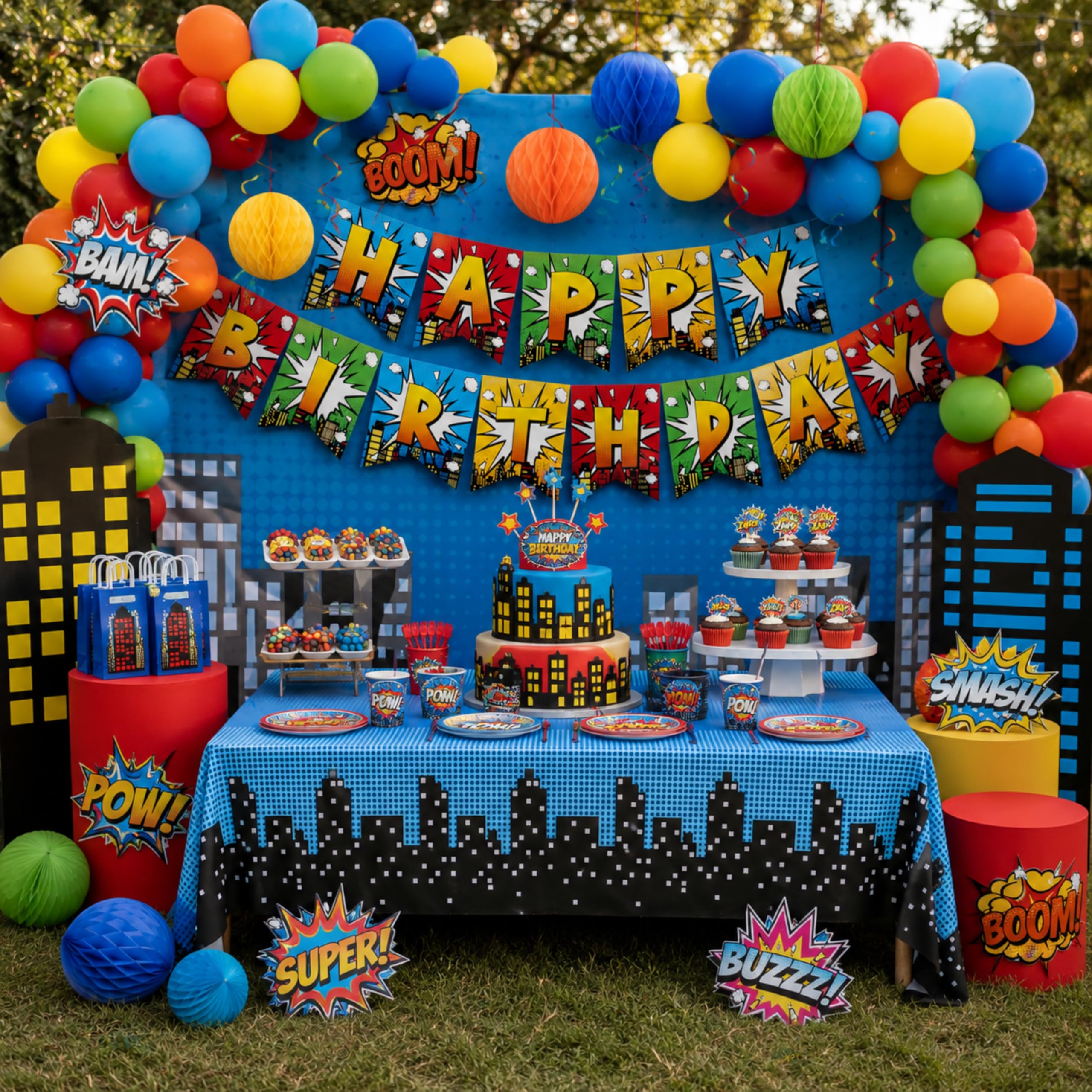 Blue Orchards Superhero Cityscape Table Covers (Pack of 3) 108"x54" XL - Boy Super Hero Tablecloth for Parties, Birthday Party Supplies, Decorations, Durable Disposable Waterproof Plastic Table Cloth