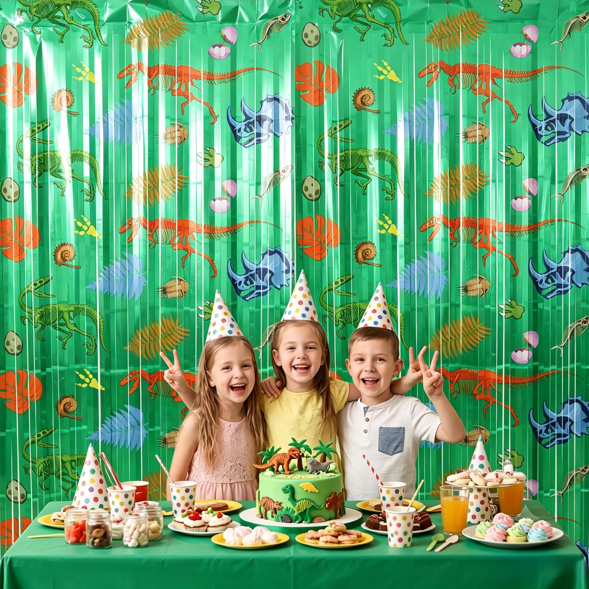 TONIFUL 2Pcs Green Metallic Foil Fringe Curtains with Dinosaur Pattern