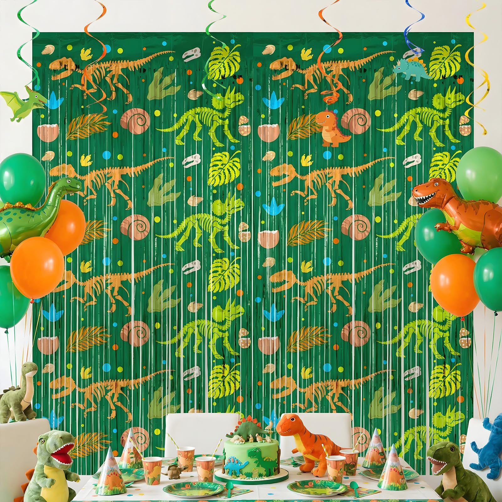 2 Pack Dinosaur Foil Curtain, 3.3 x 6.6 Ft Dino Party Decorations Backdrop