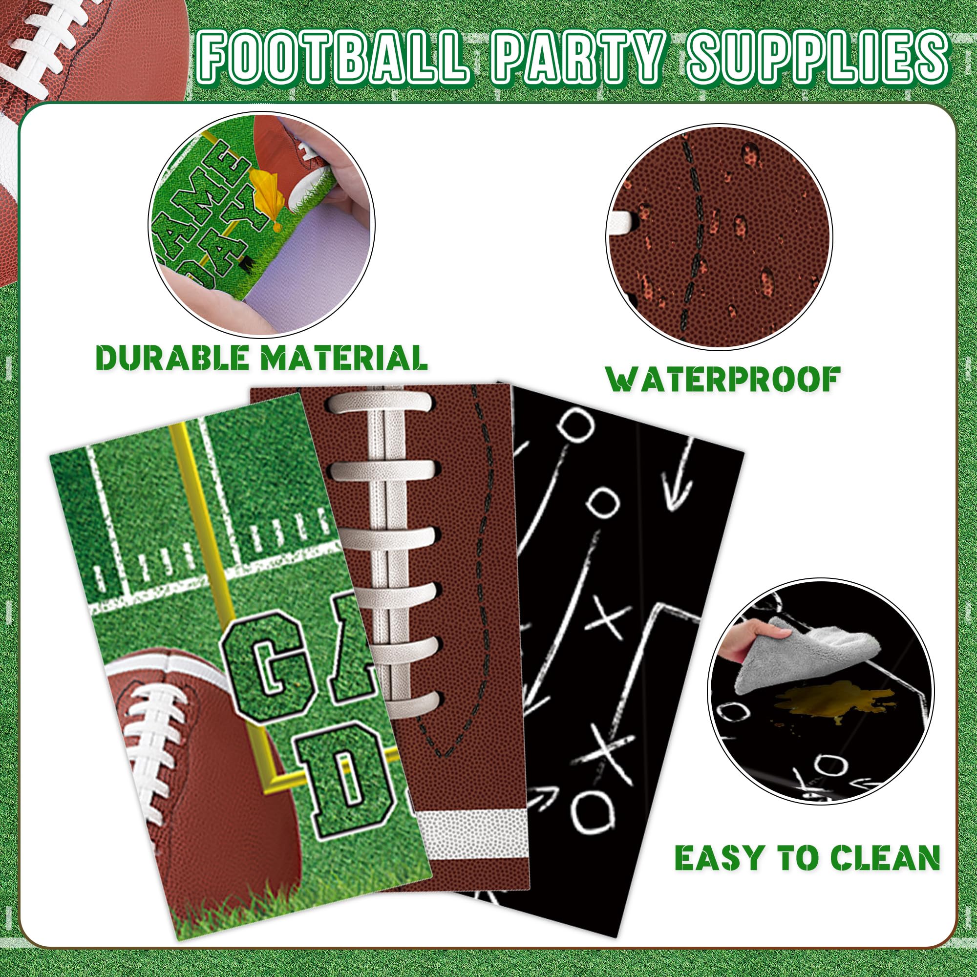 Football Party Supplies Decor Kit for 24 Guests - 3 Tablecloths, Microwave-Safe Plates, Napkins, Cups, Cutlery & GAME TIME Banner | Football Touchdown Decor for Birthday, Tailgate Party, Big Game Day
