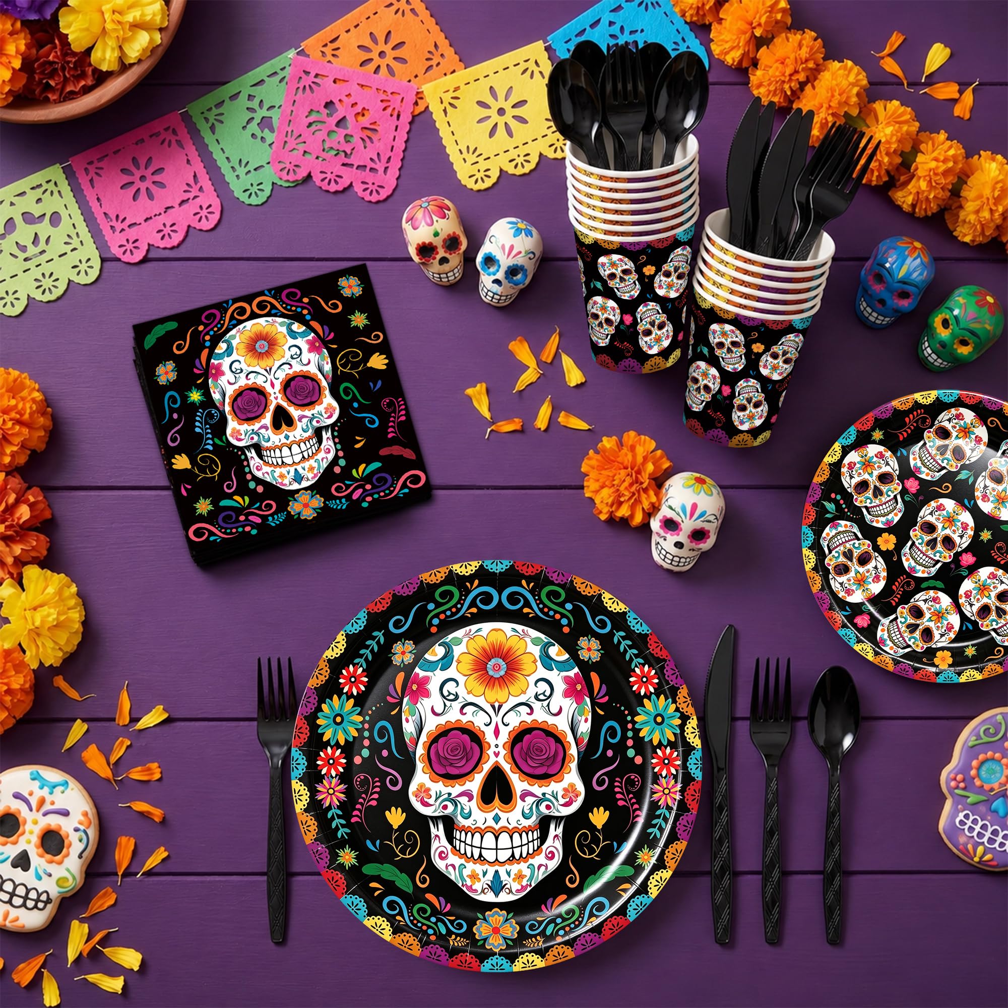 XIENBLOC 168pcs Day of the Dead Party Supplies Plates Napkins Dia de Los Muertos Tableware Set Sugar Skull Paper Plates Black Forks for Day of the Dead Party Decoration Serve 24