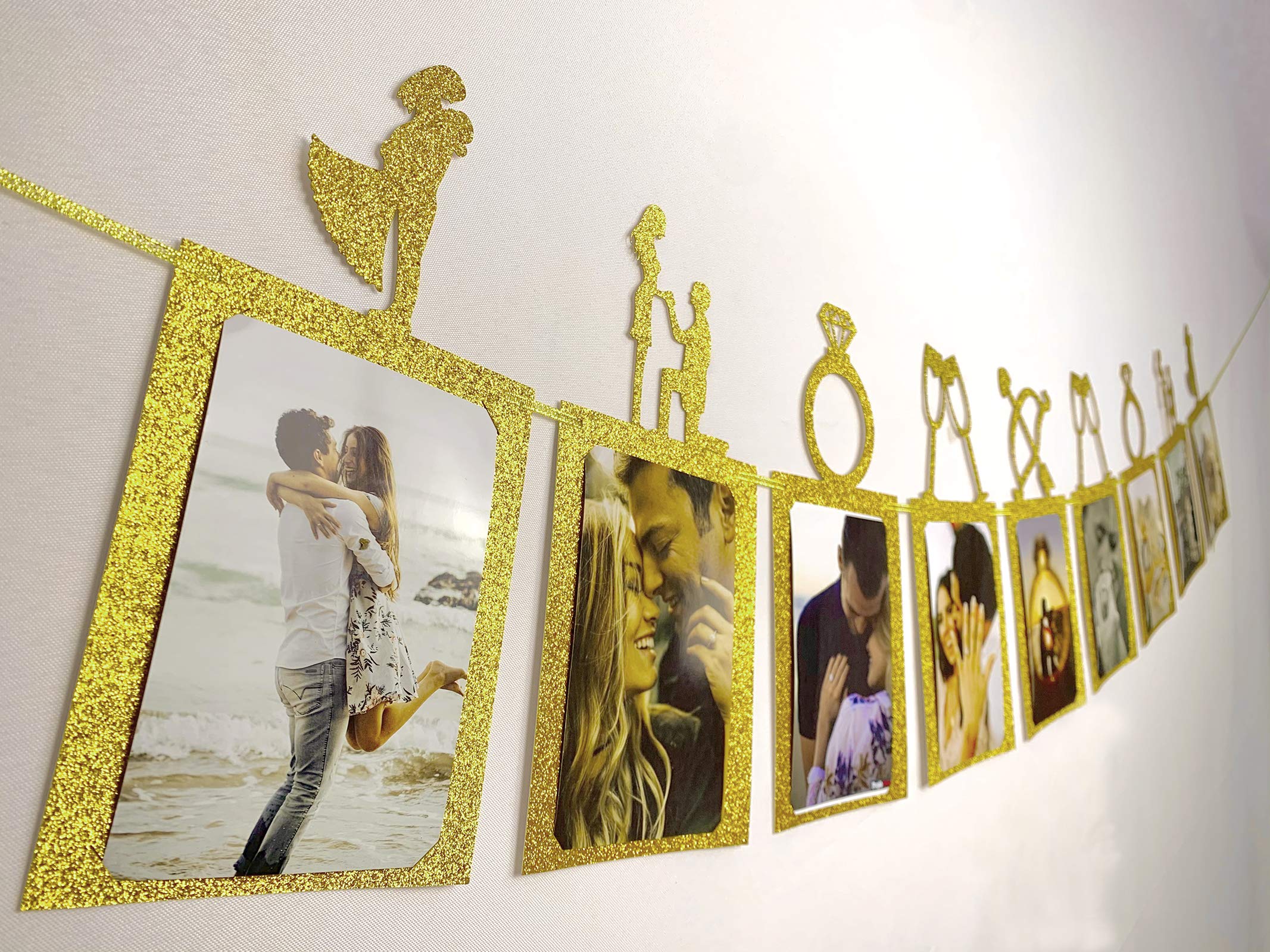 Engagement Wedding Decorations, Gold Engaged Banner and Photo Banner with Romantic Memories Picture Card Frames for Engaged/Wedding/Anniversary/Valentines Day Party