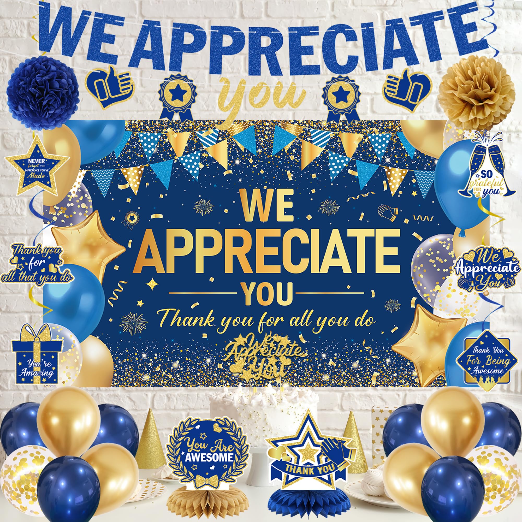 DARUNAXY Blue Gold We Appreciate You Decorations Set for Men Women