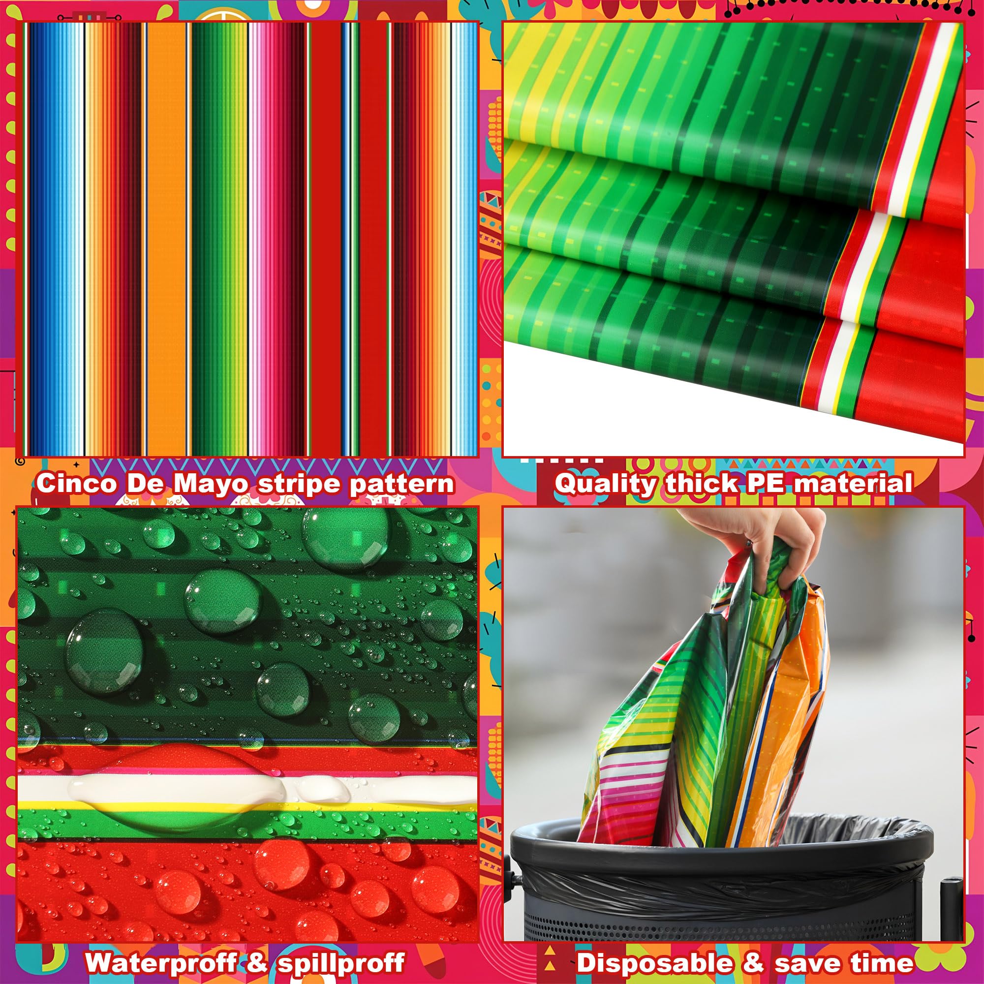 4 PCS Mexican Fiesta Plastic Tablecloth 108 x 54 Inch Mexican Striped Disposable Table Covers Waterproof Cinco De Mayo Rectangle Party Table Cloth for Fiesta Taco Mexico Themed Birthday Party Supplies