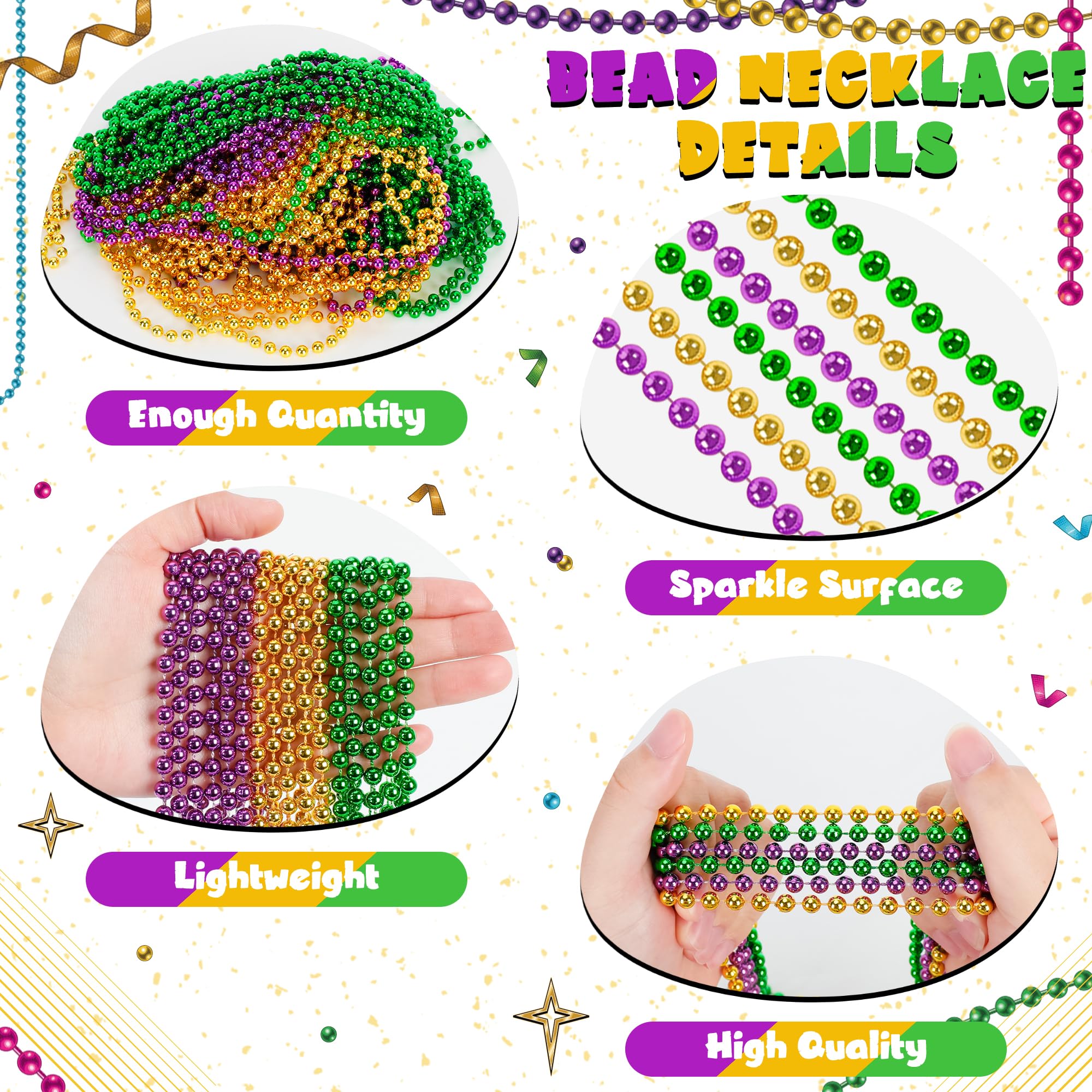 Huskein 200PCS Mardi Gras Beads, 33" Bead Necklace, Mardi Gras Accessories, Purple Gold Green Party Beads Parade Favors Bulk for Christmas Wedding Birthday Party Supplies Decor