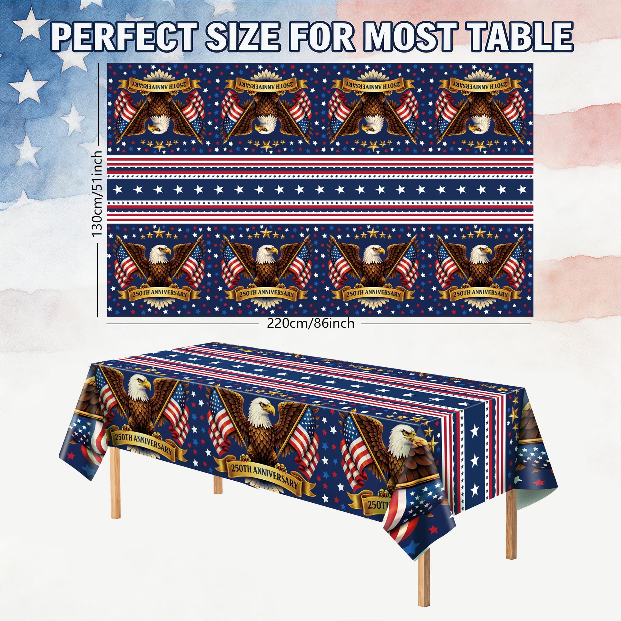 OHOME 250th Anniversary American Flag Tablecloth for 4th of July Decorations | 250 Anniversary USA Merchandise | Patriotic 1776-2026 Fourth of July Accessories for Home Outdoor Outside,2 Pack