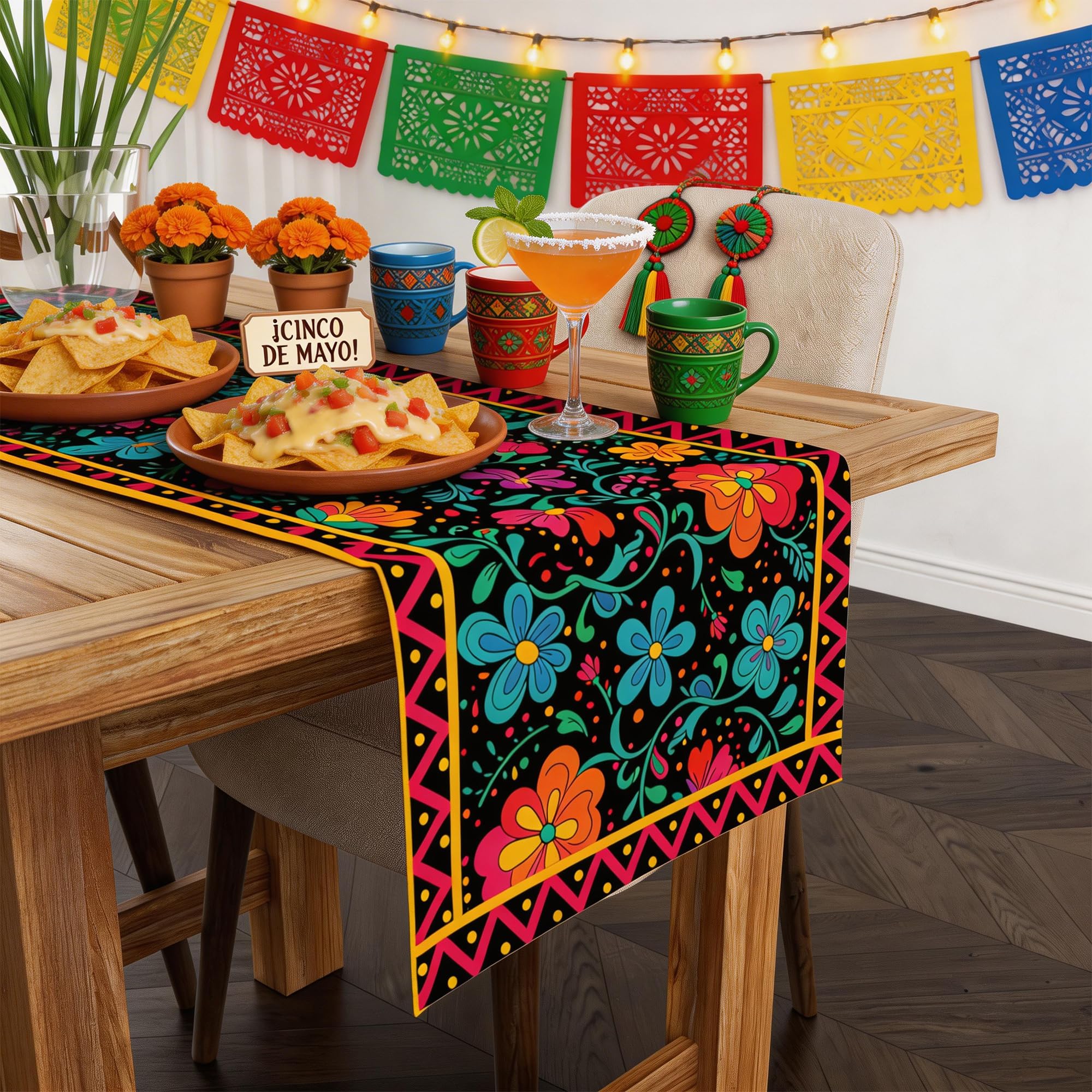 Mexican Fiesta Table Runner - Cinco De Mayo Decorations for Fiesta Party Decorations | Dia De Los Muertos Decorations Cinco De Mayo Rustic Linen Home Dining Room Kitchen Table Decor