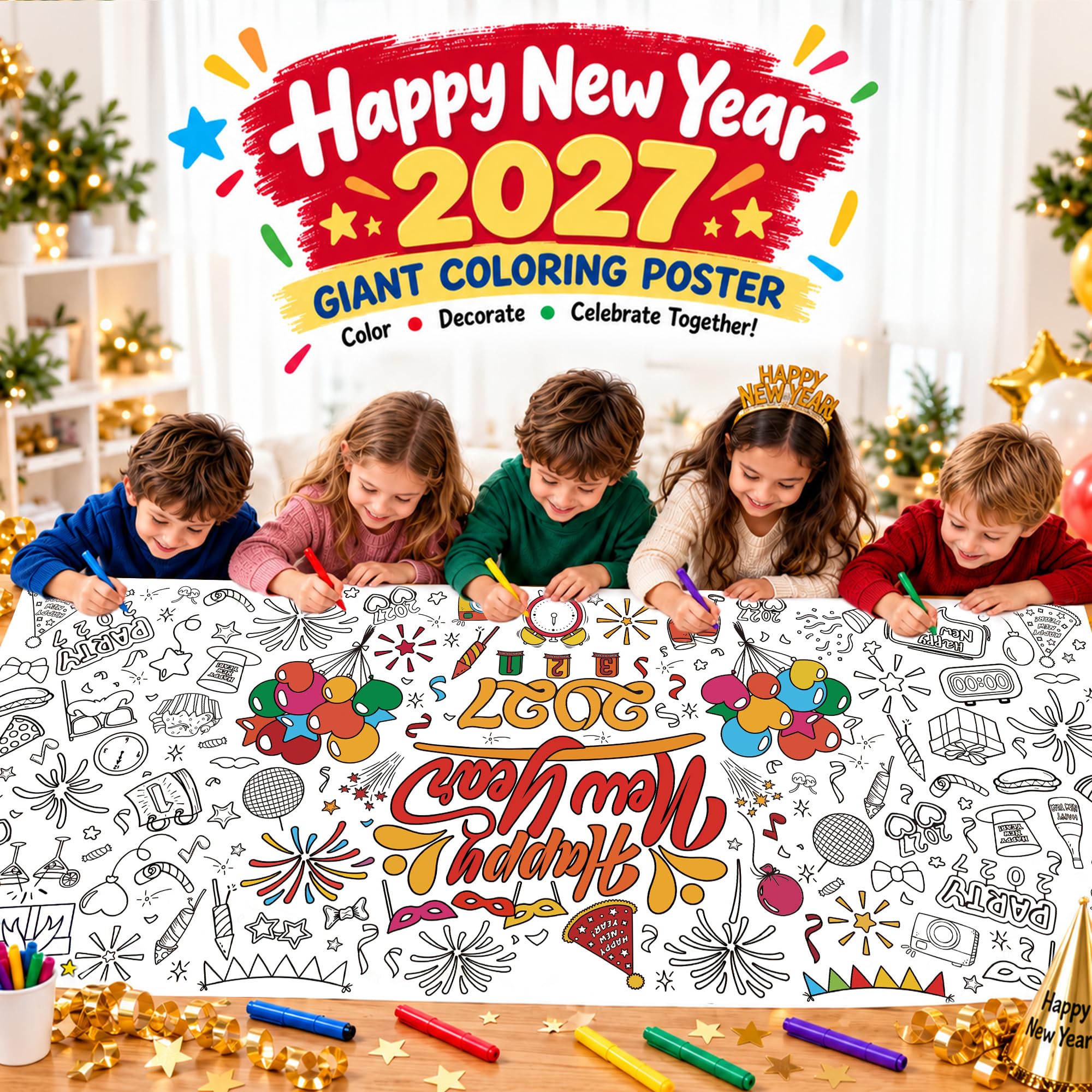 OHOME Happy New Year Giant Coloring Poster/Tablecloth - New Years Decorations 2027-30 x 72 Inches Jumbo Coloring Banner Kids Crafts Activities Party Decorations | New Years Eve Party Supplies