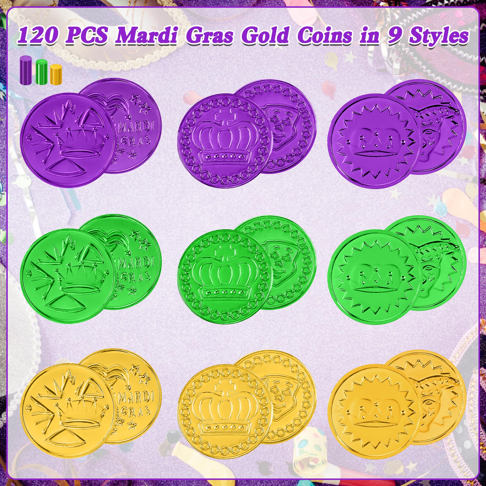120 PCS Mardi Gras Decorations, 1.4 in Plastic Gold Coins, Purple Gold Green Mardi Gras Coins Fake Coins Mardi Gras Tokens, Mardi Gras Party Supplies Costume Accessories for Parade Maskquerade