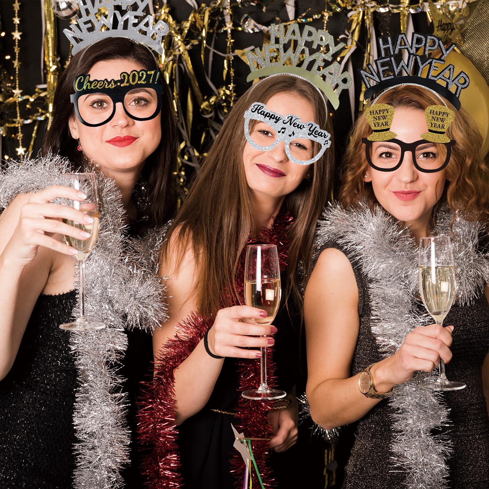 Tawecrew 42 Pieces New Years Eve Party Supplies 2027,Happy New Year Headband Tiara, New Year Glasses,Metallic Fringed Noise Makers New Years Party Favors