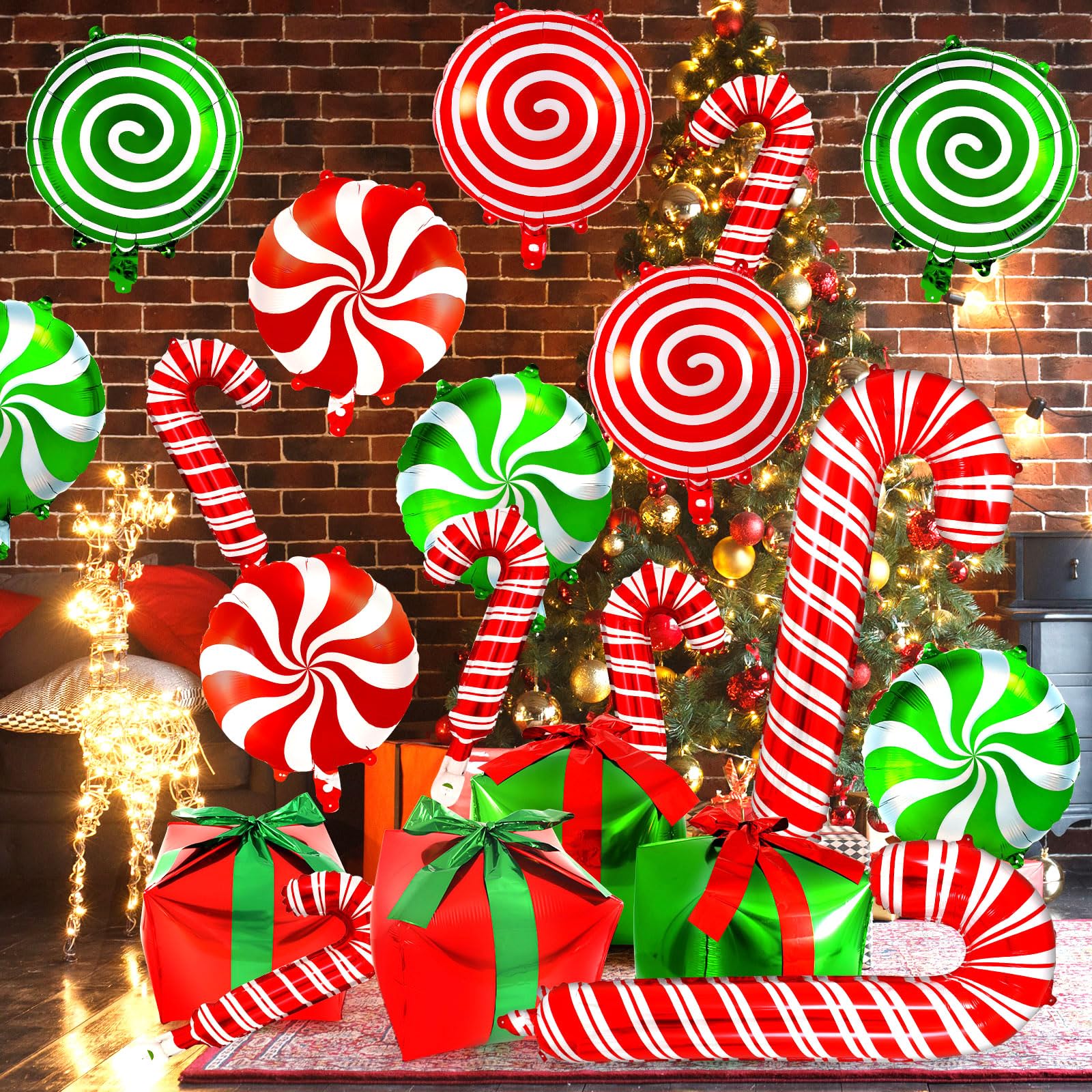 32 Pcs Christmas Balloons, Foil Candy Cane Swirl Balloons, Large Candy Mylar Red Green Balloon Kit for Christmas Party Birthday Candy Themed Party Decorations