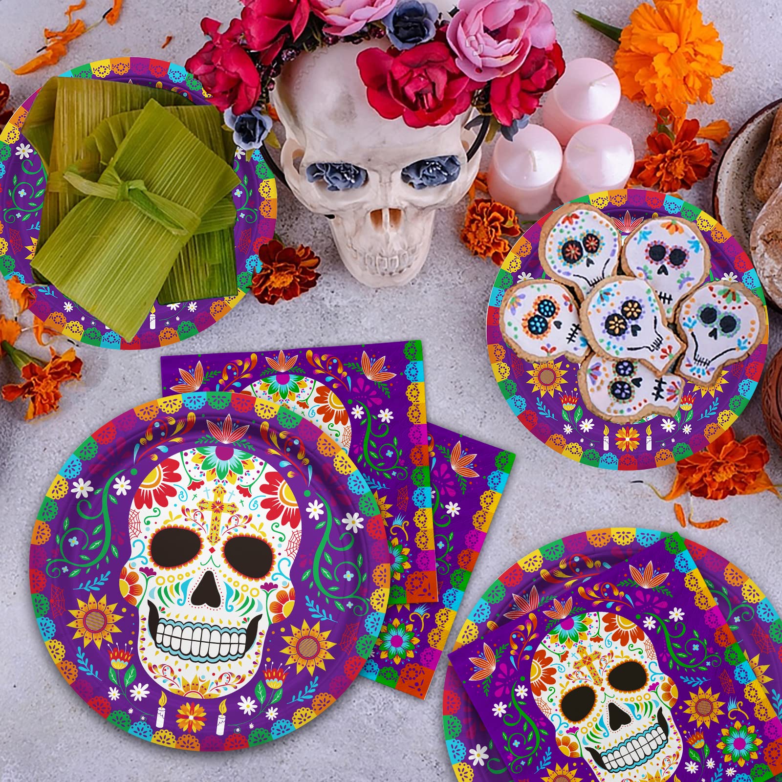 Day of the Dead Party Supplies Kit Serve 25, Includes Disposable Sugar Skull Dinner Plates, Dessert Plates, Napkins, Cups and Tablecloth, Día de los Muertos Party Decorations