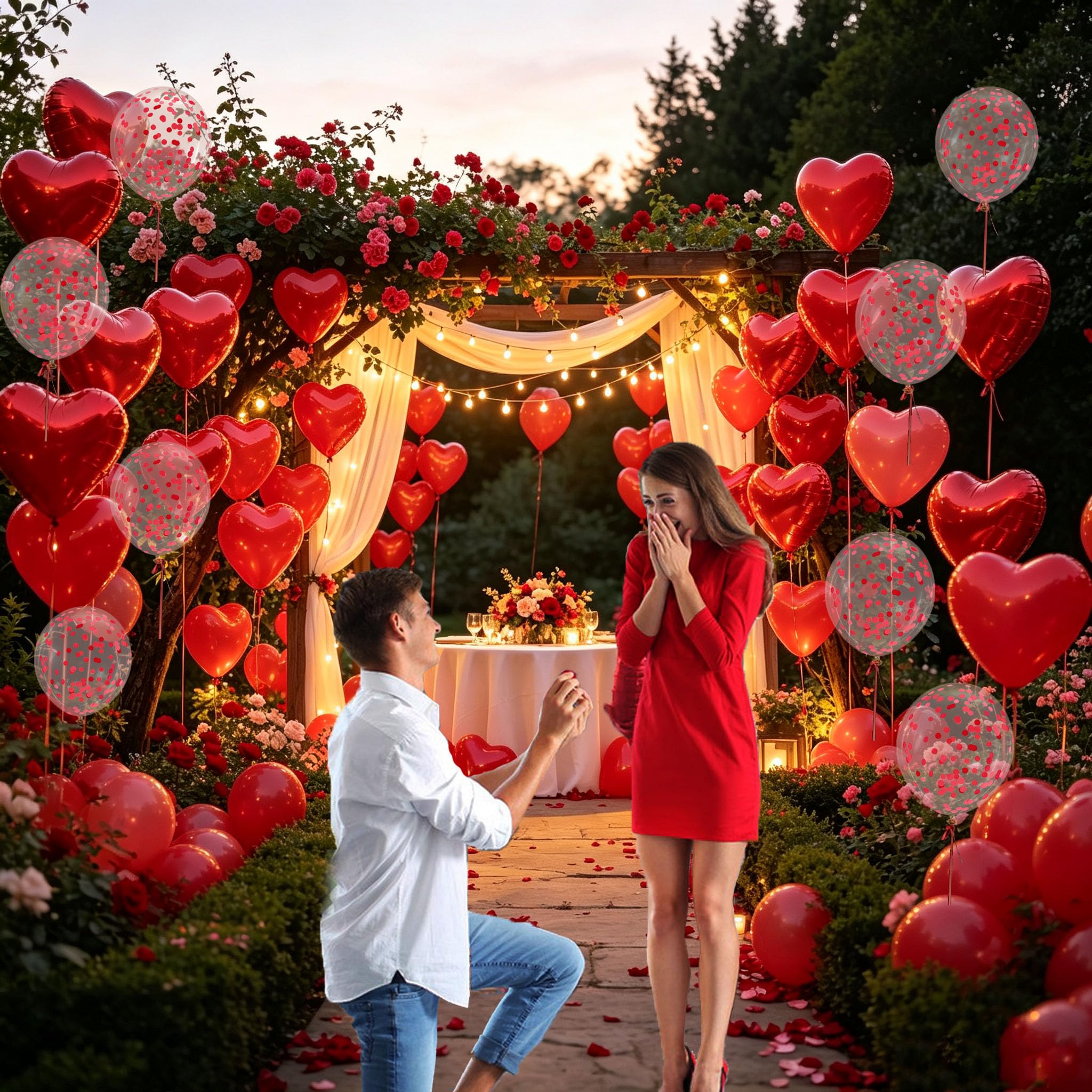 Red Valentines Day Decorations with Red Heart Balloons and Love Balloon, Fake Rose Petals for Wedding Decor, Anniversary Decorations Romantic with red Latex Balloons and Heart Hanging Decor