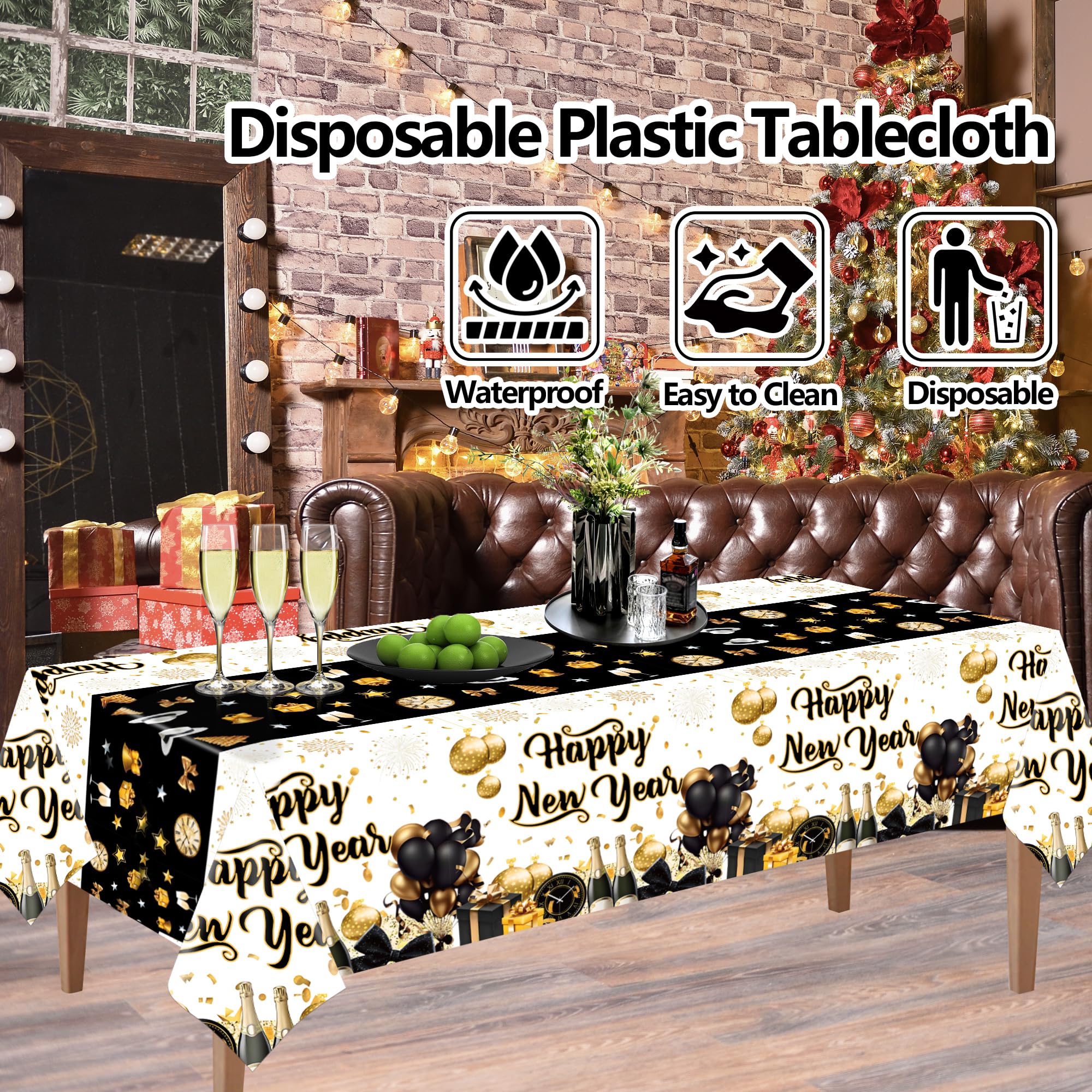EUVBOKW 3 Pack New Years Tablecloths,Happy New Year Decorations,Black and Gold Disposable Plastic Waterproof Table Covers for 2026 New Years Eve Party Supplies,54 x 108 Inch