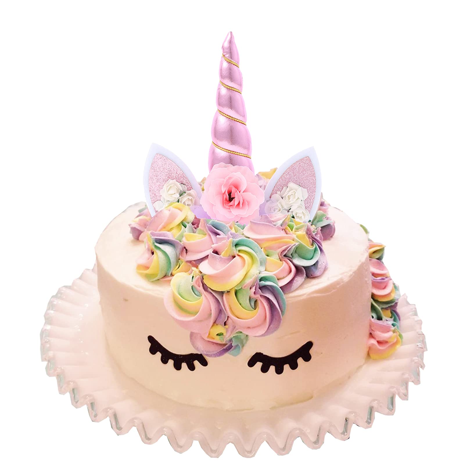 Unicorn Cake Topper Birthday Party Supplies Cute Handmade Cake Decoration Pink Unicorns Horn Cake Topper Decorations for Girls First Birthday Cake Accessories with Eyelashes, 5.8 Inch