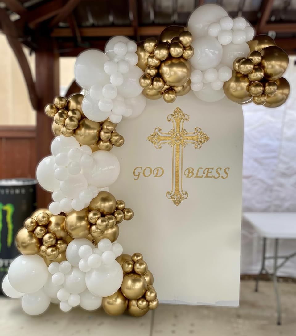 PityBlns First Communion Balloons Arch Kit 140Pcs, Baptism Balloon Garland Arch Mi Bautizo Decor White and Gold Cross Balloon for First Holy Communion Baptism Baby Shower Birthday Party Decorations