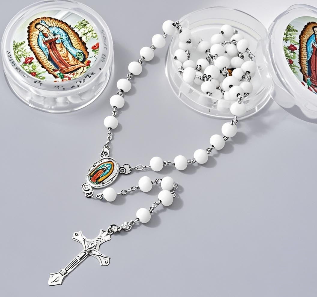 CAYOREPO 48 Pcs Scented Rosary Necklace Set with Gift Box – Wooden Bead Rosary with Crucifix for Women & Men, First Communion, Baptism, Party Favors (White)