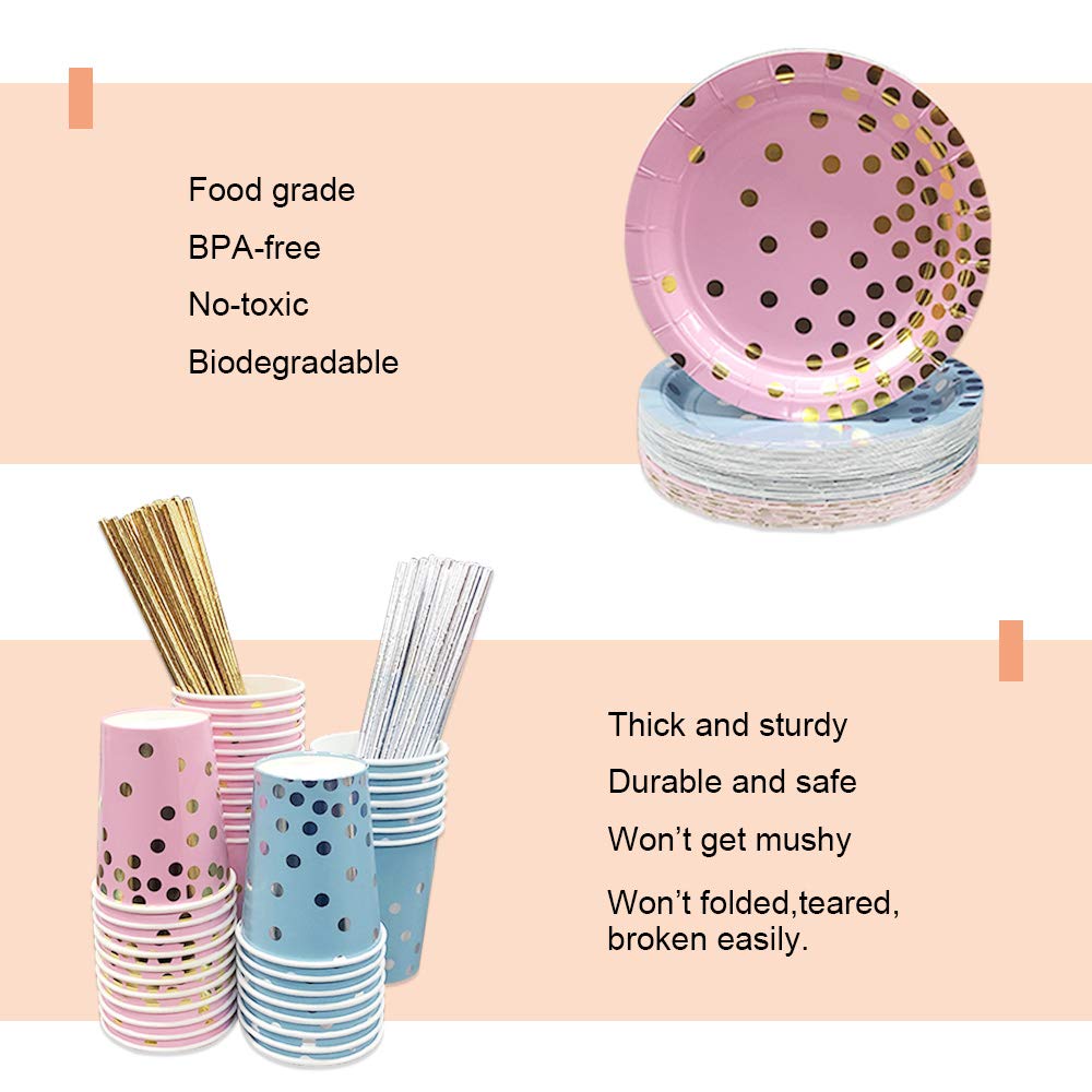 Ottin 250-Piece Pink and Blue Disposable Paper Plates and Napkins Set, 9 Inch Dinner Plates & 7 Inch Dessert Plates, Party Supplies Serve 50 Guests for Baby Shower Gender Reveal Birthday Wedding