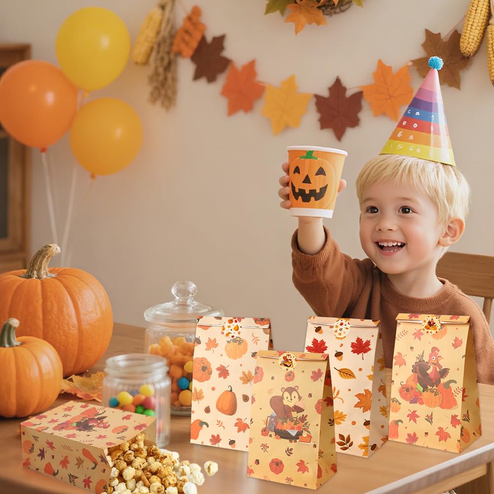 Fall Thanksgiving Treat Bags with Stickers, 24Pcs Fall Goodie Bags Autumn Maple Leaf Pumpkin Turkey Candy Cookies Goody Snacks Gift Paper Bag for Thanksgivings Party Favors Supplies Decorations