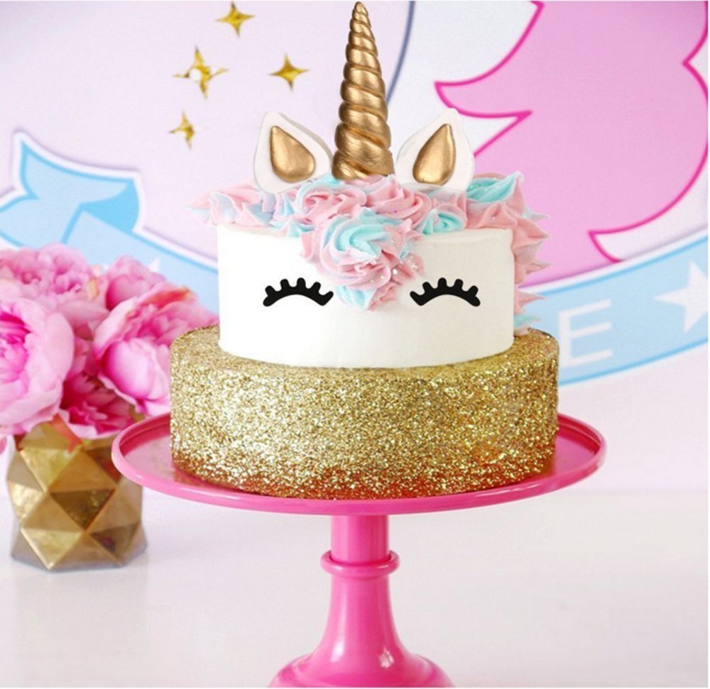Yashell Unicorn Cake Topper, Reusable Gold Unicorn Horn, Ears and Eyelashes Party Cake Decoration Value Set for Unicorn Party Decoration for Baby Shower, Wedding and Birthday Party(Set of 5)