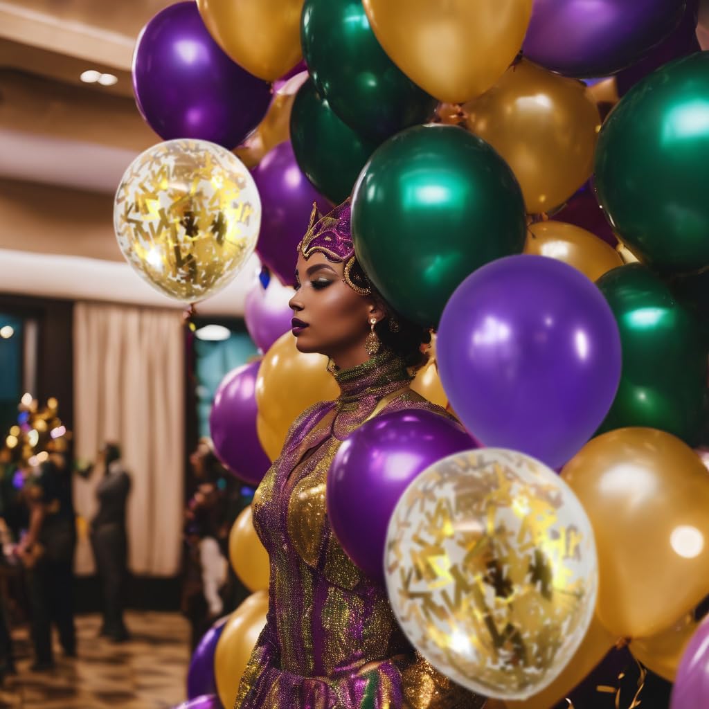 GiftExpress 50PC Purple Gold Green Mardi Gras Balloon, 12 Inch Balloons and Gold Confetti Balloons for Carnival, Mardi Gras Party, Mermaid Party