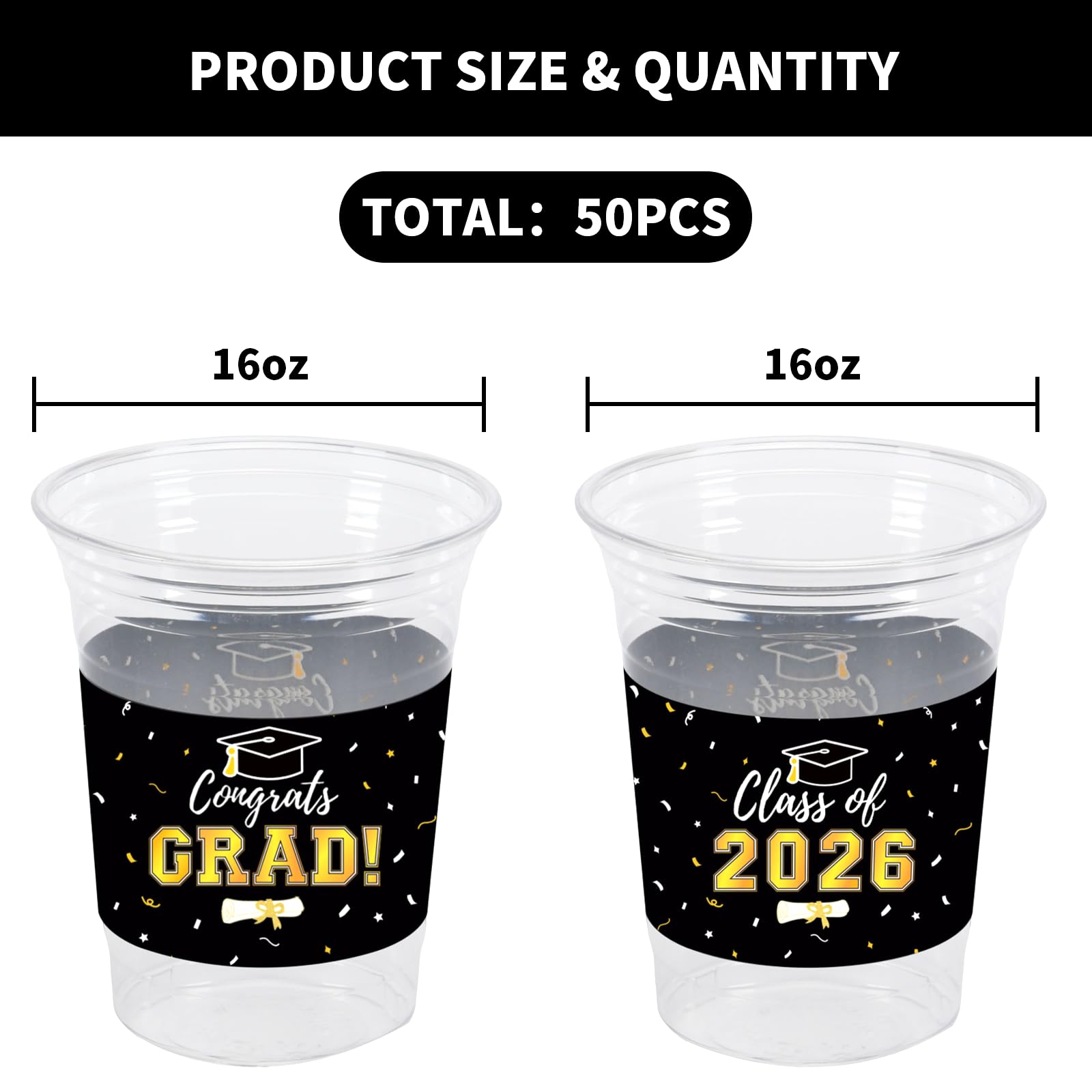 Labrostar 50Pcs Graduation Decorations 2026 Disposable Graduation Cups Congrats Grad Class of 2026 Decorations Graduation Party Supplies 16oz Black