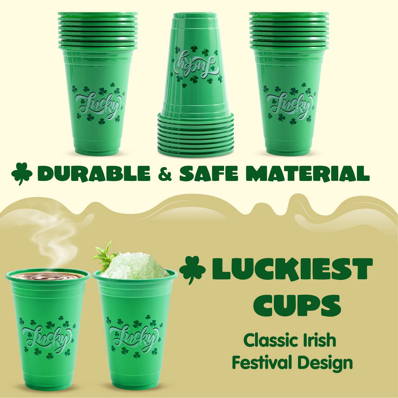JOYIN 72 Pcs St.Patrick‘s Day 16 oz Cups, Green Disposable Plastic Lucky Clover Cups for Saint Patrick Party Supplies Set, Irish Lucky Day Party Decoration