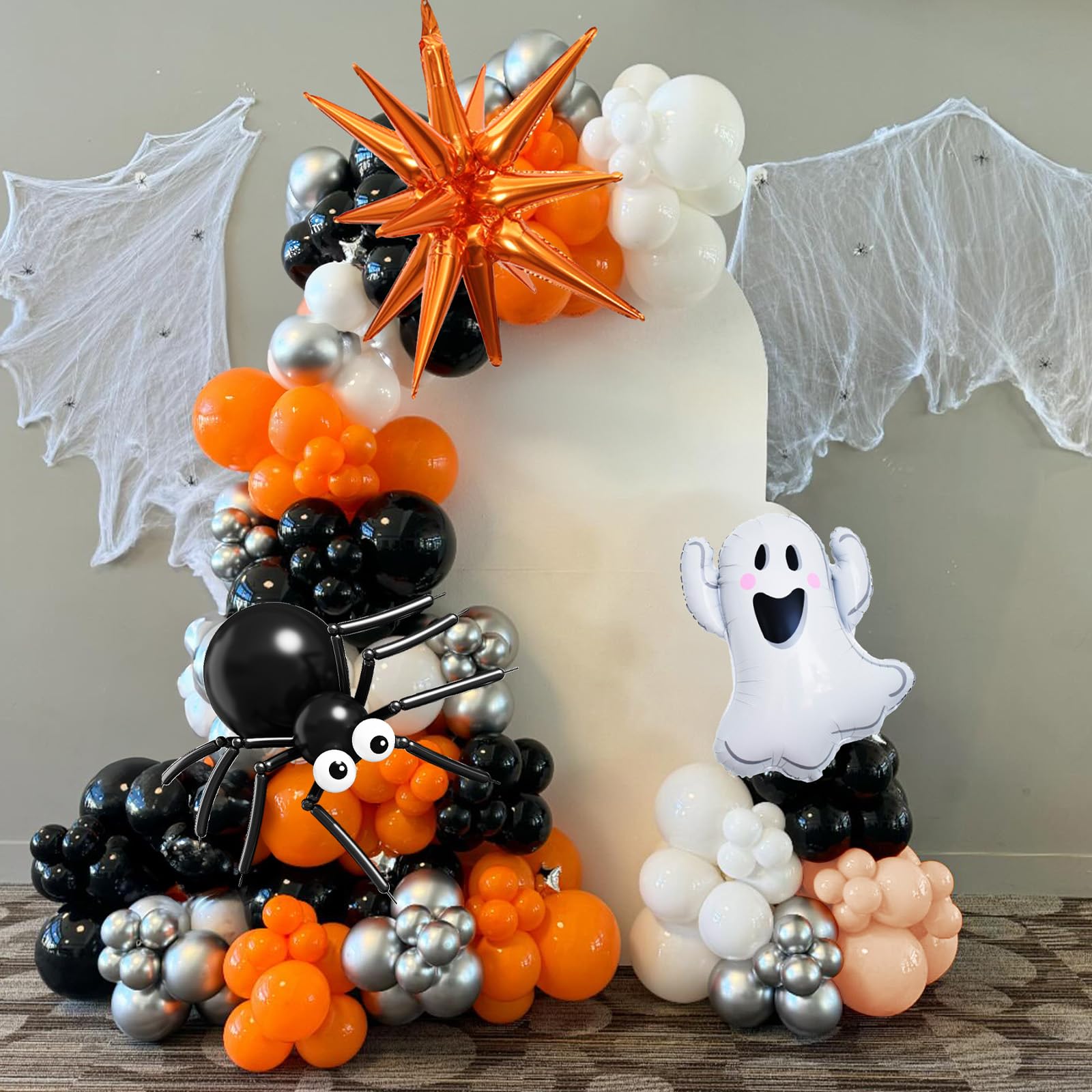 Halloween Balloons Garland Arch Kit, 132pcs Orange Silver Black Balloons, Spider Eye Balloon Ghost Orange Explosion Star Foil Balloon for Spooky One Horror Birthday Trick or Treat Party Decoration