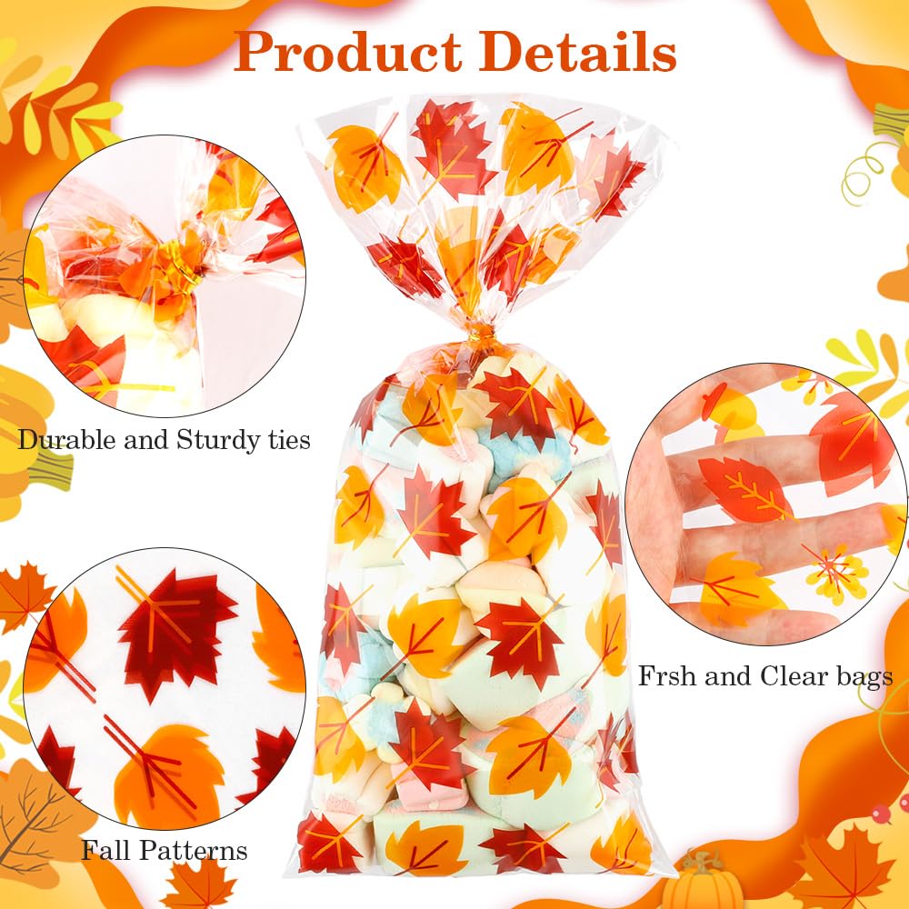 Fall Thanksgiving Treat Bags,100Pcs Thanksgiving Fall Cellophane Treat Bags, Plastic Falls Autumn Maple Leaf Pumpkin Candy Cookies Goodie Gift Bags with Twist Ties for Thanksgivings Falls Party Favors