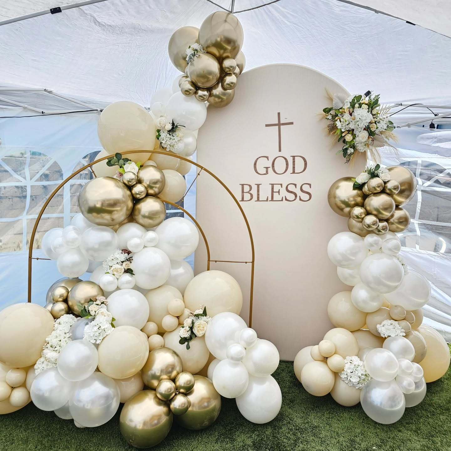 PTGOLUO First Communion Balloon Garland Kit 153Pcs, Baptism Balloon, White Sand Gold Nude Bautizo Balloons Arch Kit for First Holy Communion Baptism God Bless Christening Party Birthday Supplies