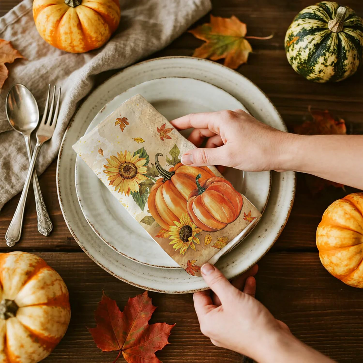 100 Pcs Fall Napkins, Fall Disposable Paper Decorative Guest Napkins, Thanksgiving Harvest Pumpkin & Sunflower Hand Towel for Party Lunch Dinner Kitchen Bathroom Decor