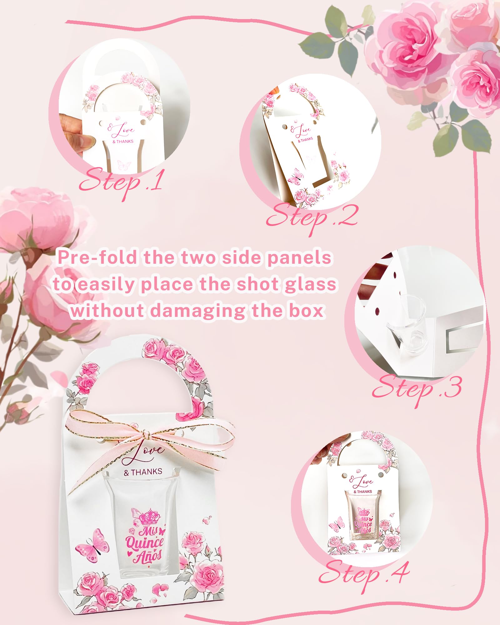 STELOVIKI Quinceanera Party Favors for Guests-50 Sets 1.18oz Quinceanera Acrylic Clear Shot Glasses Bulk With Gifts Boxes Mis Quince Anos Quinceanera Sweet 15 Birthday Party Favors-Pink