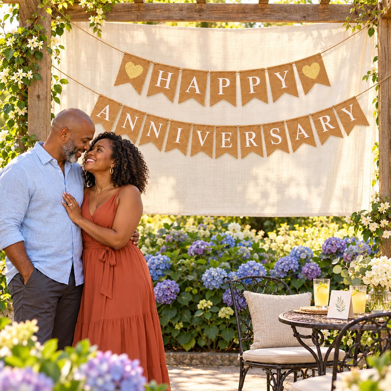 Shimmer Anna Shine "Happy Anniversary" Burlap Banner – Rustic “Happy” and “Anniversary” across natural burlap flags (approx. 5" × 7") with Sparkly Gold Hearts Party Decor