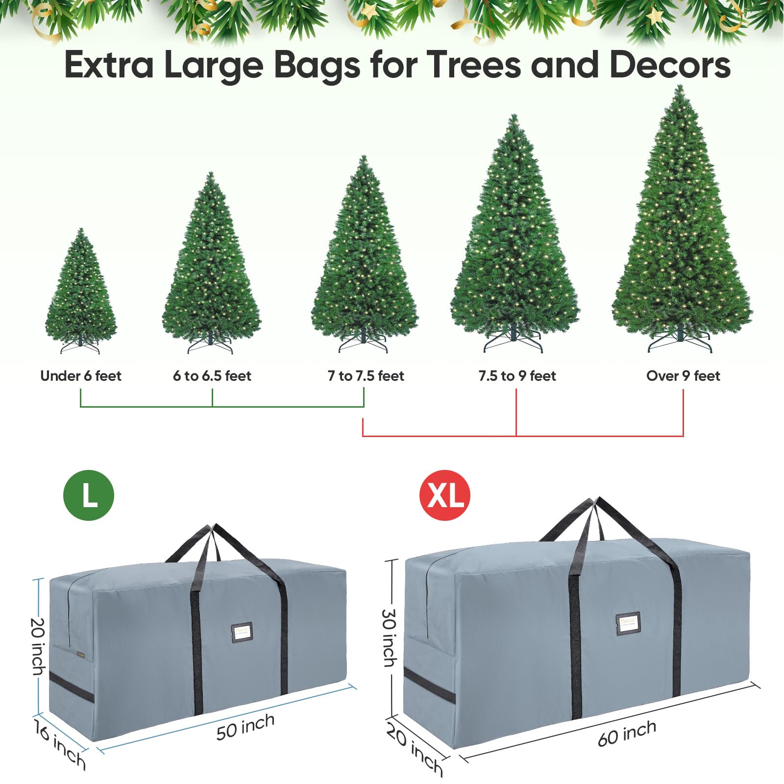 BALEINE 9 ft Christmas Tree Storage Bag, Heavy Duty 900D Oxford Fabric with Reinforced Handles and Dual Zippers Wide Opening, Extra Large Storage Container for Trees (Grey)