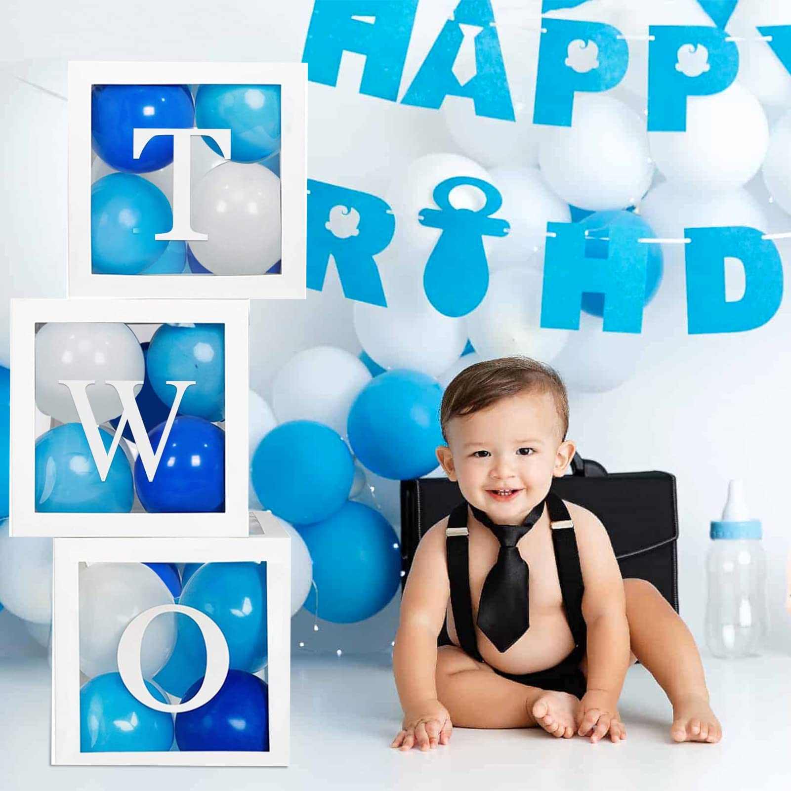 Keencopper First Birthday Decorations For Boy Or Girl, 3 Pcs ONE Balloon Boxes For 1st Birthday, Baby Clear Blocks Party Decor With ONE TWO Letters For Photoshoot Props, Cake Smash Backdrop