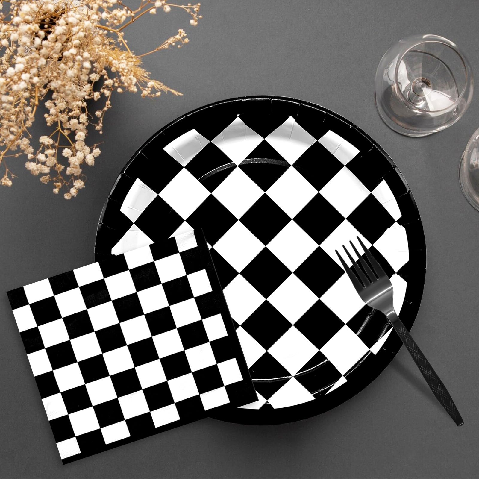96 Pieces Racing Theme Party Supplies - Black and White Checkered Pattern Disposable Tableware with Paper Plates, Napkins, Forks for Race Car Dirt Bike Birthday Decorations, Sports Events Celebrations
