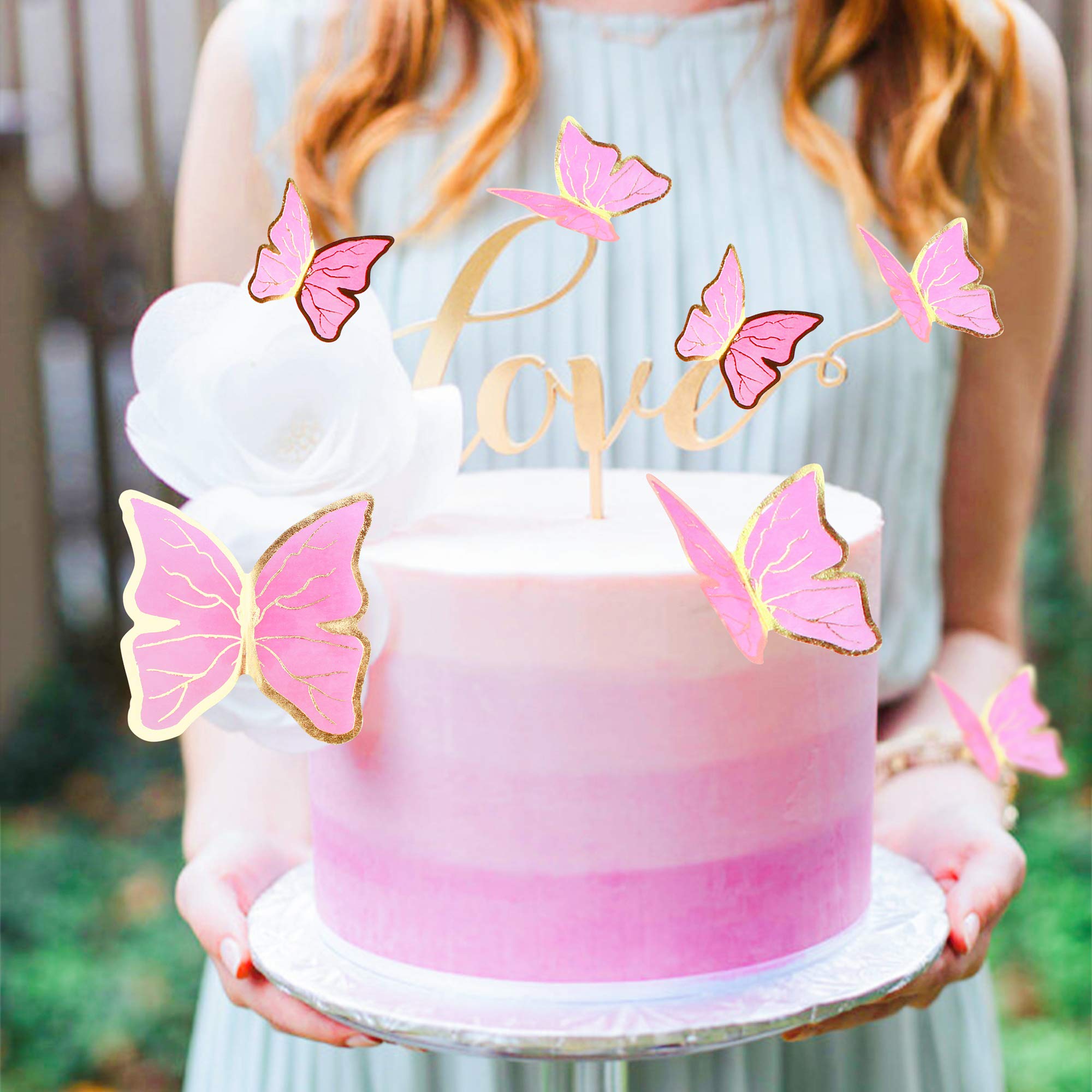 30Pcs Golden Pink 2D Waterproof Butterflies Cake Topper Transparent Butterfly Cupcake Picks for Floral Cake Decorations Girls Pink Birthday Wedding Cake Ornament Butterfly Party Decorations