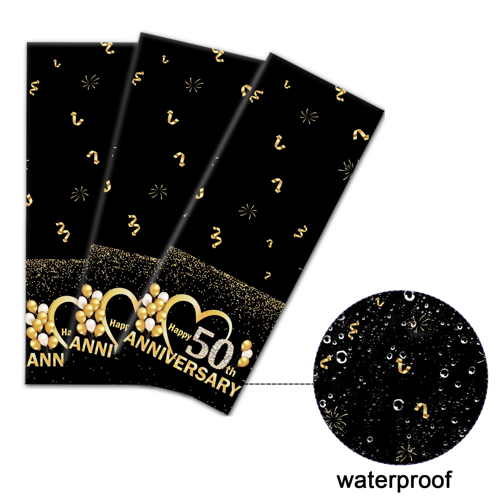 3pcs Happy 50th Anniversary Tablecloths Black Gold Table Covers 50th Wedding Anniversary Party Supplies for Parents Cheer to 50 Years Party Decorations and Plastic Disposable Favors,108*54 inch