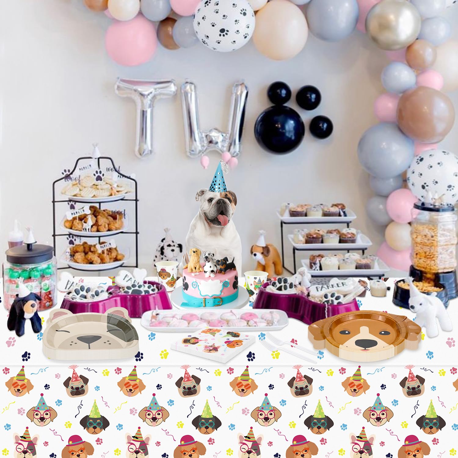 81 Pcs Dog Party Decorations - Including Plates, Napkins, Puppy Tablecloth, Black Plastic Forks for Kids Puppy Dog Themed Birthday Party Supplies, Serve 20