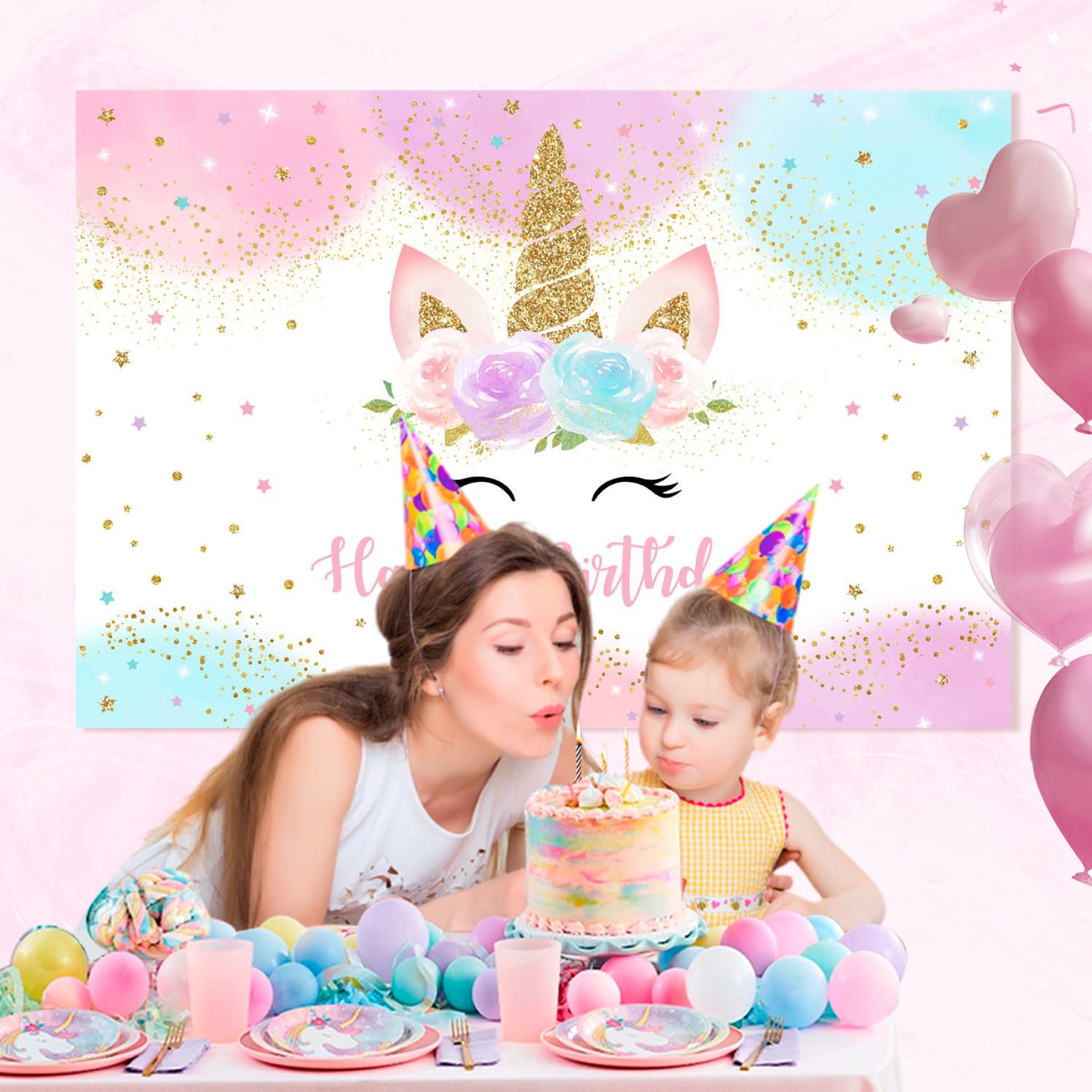 Mocsicka Unicorn Backdrop Birthday Decorations for Girls 5x3ft Pastel Rainbow Unicorn Happy Birthday Banner Party Decorations Photo Booth Props