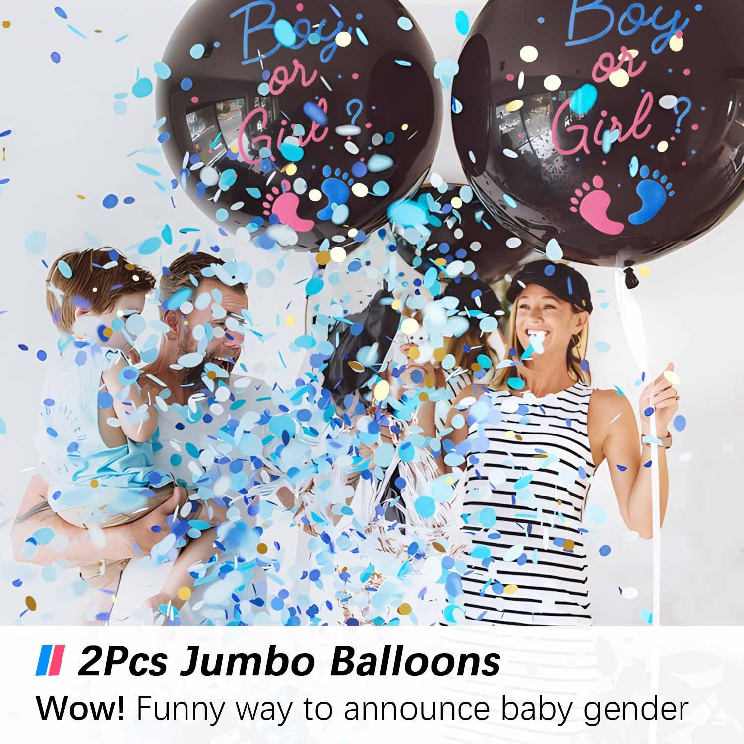 Gender Reveal Balloon Pop Ideas, 2pcs 36" Jumbo Black Baby Boy or Girl Balloons, with Blue Pink Confetti for Revelacion de Sexo de Bebe