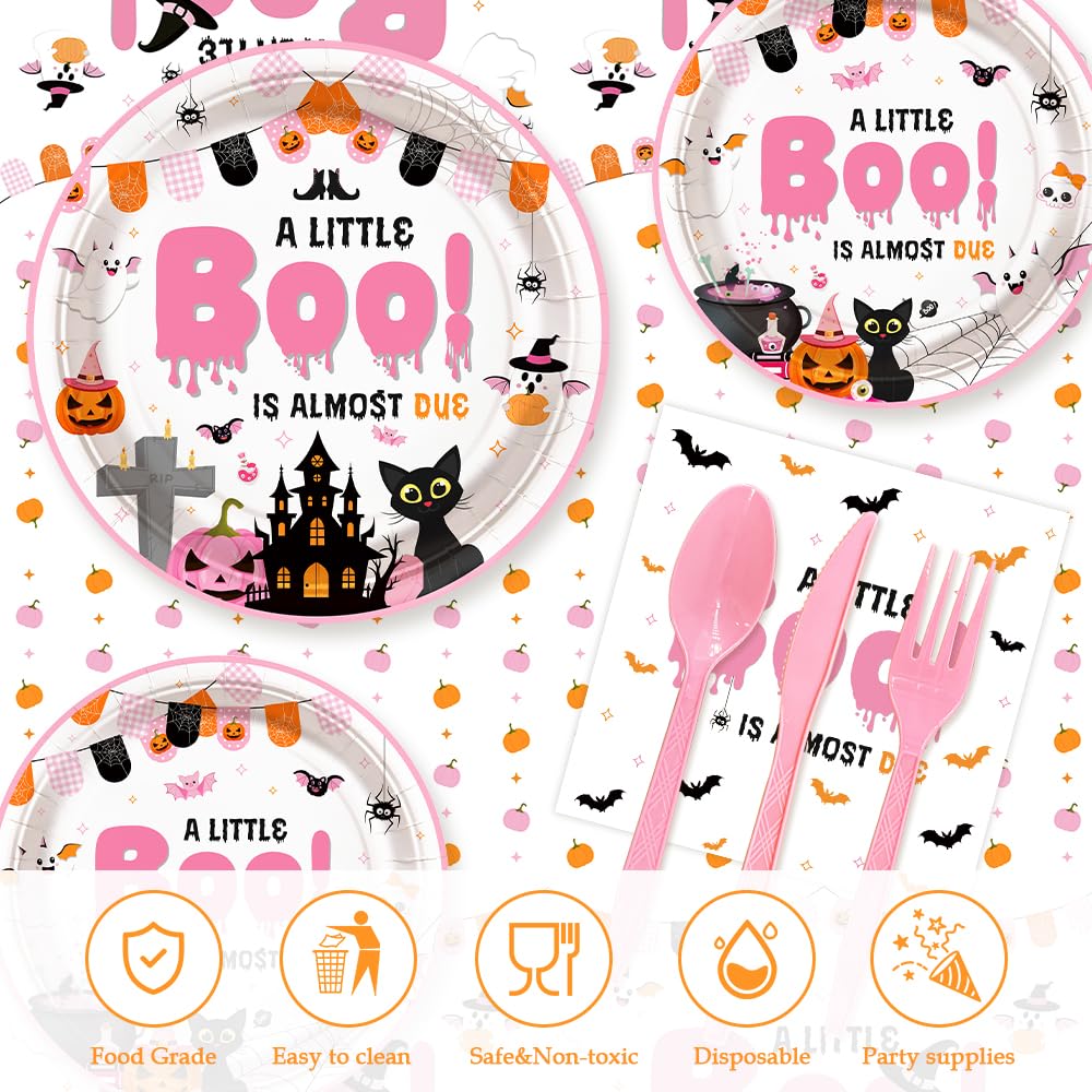 AIBIIN 194Pcs Halloween Baby Shower Decorations for Girl A Little Boo is Almost Due Baby Shower Party Plates, Cup, Napkin, Tablecloth, Tableware, Halloween Themed Party Supplies Plates Serve 24 Guests