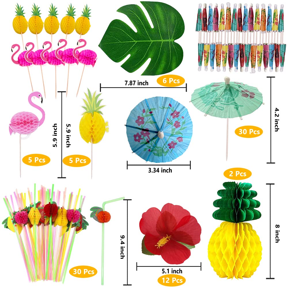 Tropical Luau Party Decorations Set Hawaiian Beach Theme Party Favors Luau Party Supplies with 9ft Luau Grass Table Skirt, Palm Leaves, Hibiscus Flowers, 3D Fruit Straws, Flamingo and Pineapple Décors