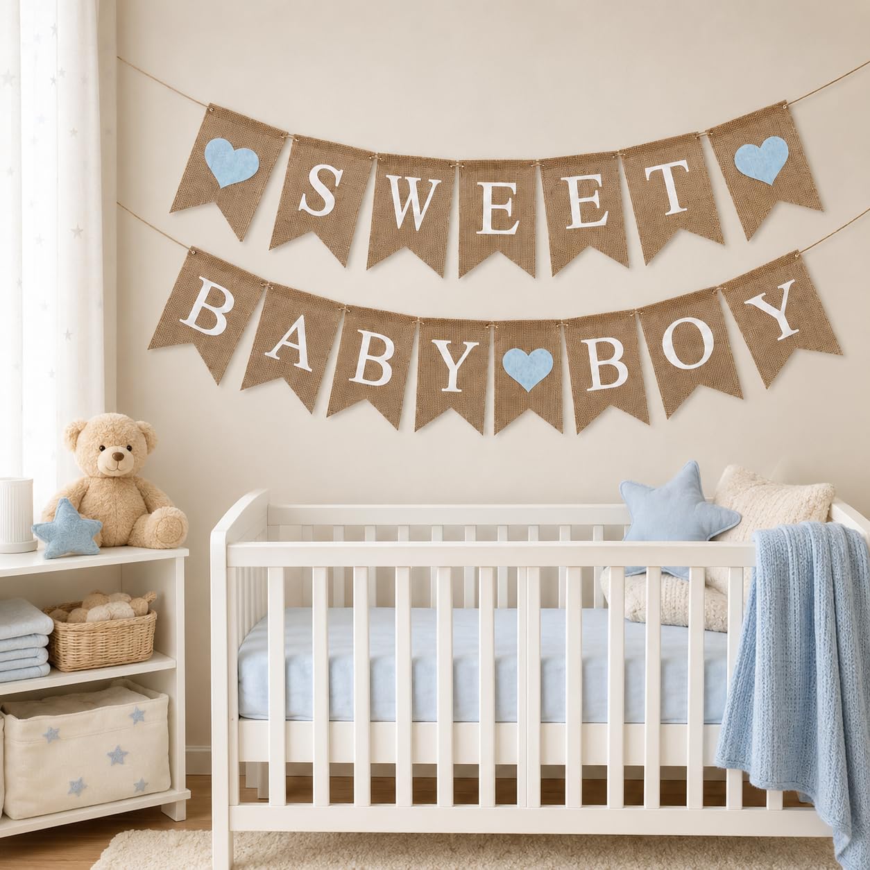 Shimmer Anna Shine Sweet Baby Boy Burlap Banner for Baby Shower Decorations and Gender Reveal Party (Light Blue)