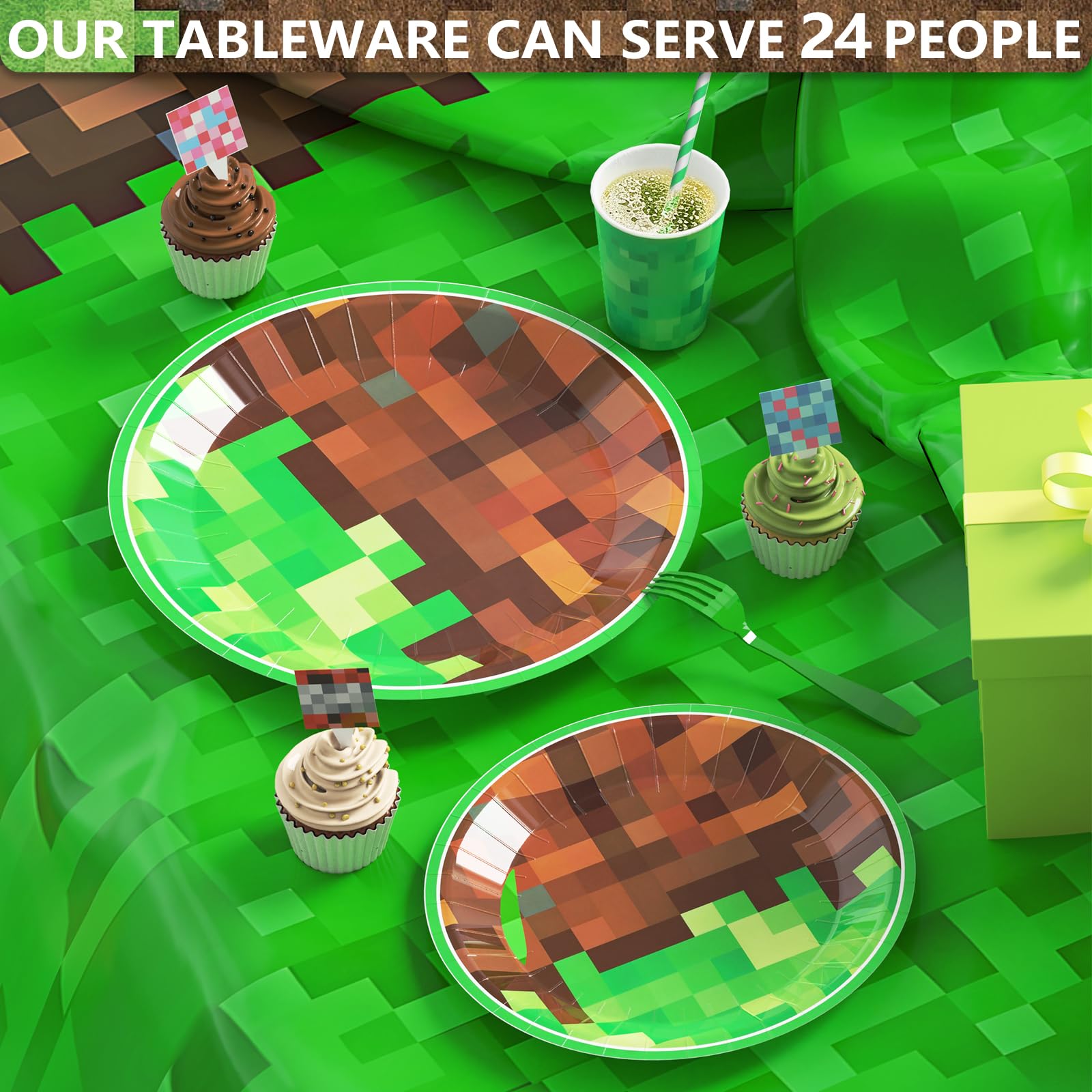 183Pcs Pixel Birthday Party Decorations, Pixel Game Theme Party Supplies Kit, Including Banner, Tablecloth, Plates, Napkins, Cups, Forks, Cake Toppers, Drinking Straws, Serves 24 Guests