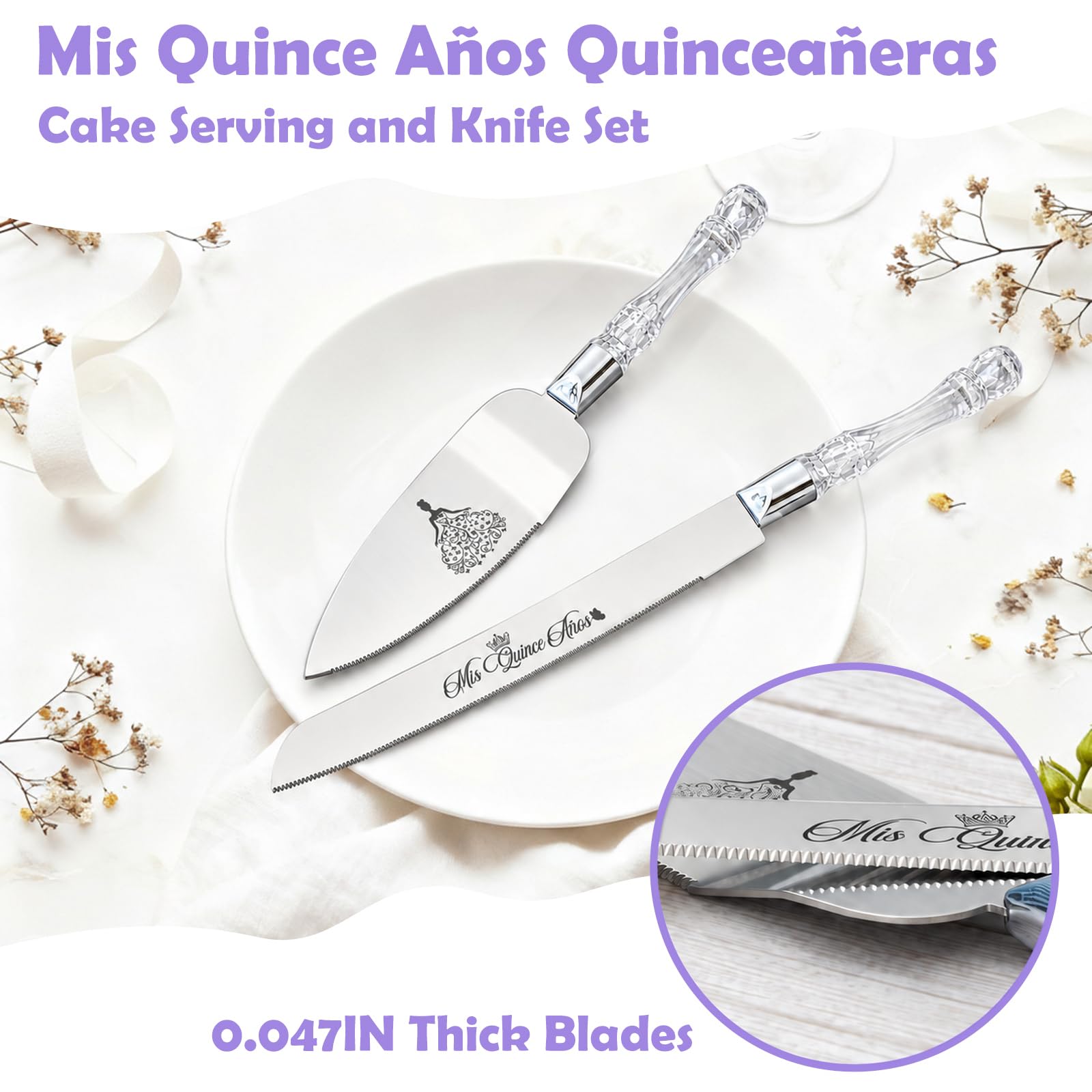 CQNET Mis Quince Años Quinceanera Cake Knife and Server Set - Sweet 15 Birthday Gifts for Girls, Feliz 15 Anos Party Decorations & Keepsake, Stainless Steel Cutting Set with Crystal Handles, Silver