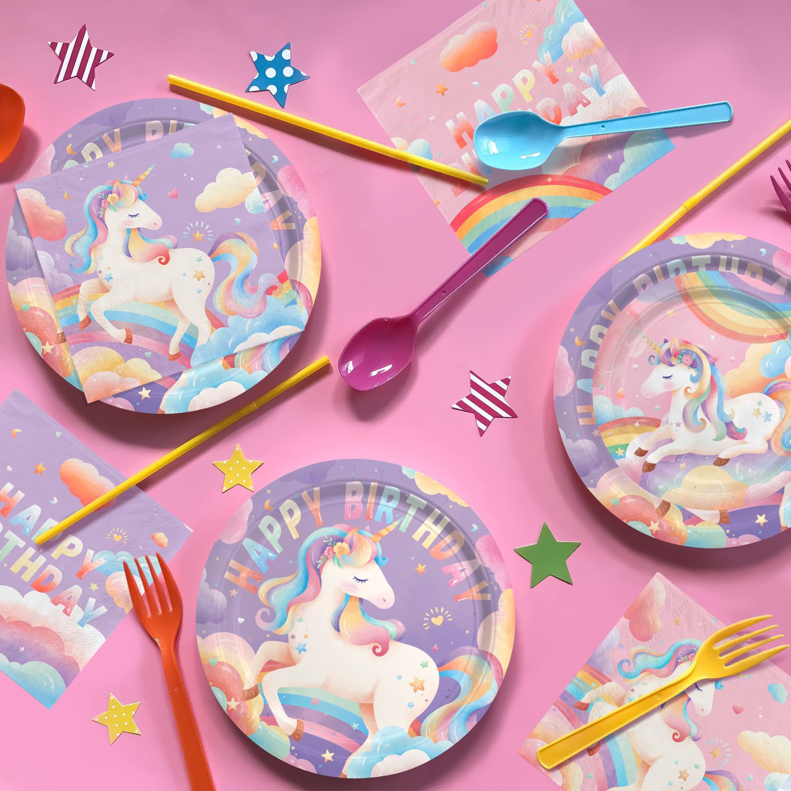 Unicorn Birthday Decorations Kit for Girl 24 Guests - for Unicorn Decorations, Includes Dinner & Dessert Plates, Napkins, Cups, Banner and Tablecloth for 1st Birthday Party Decorations