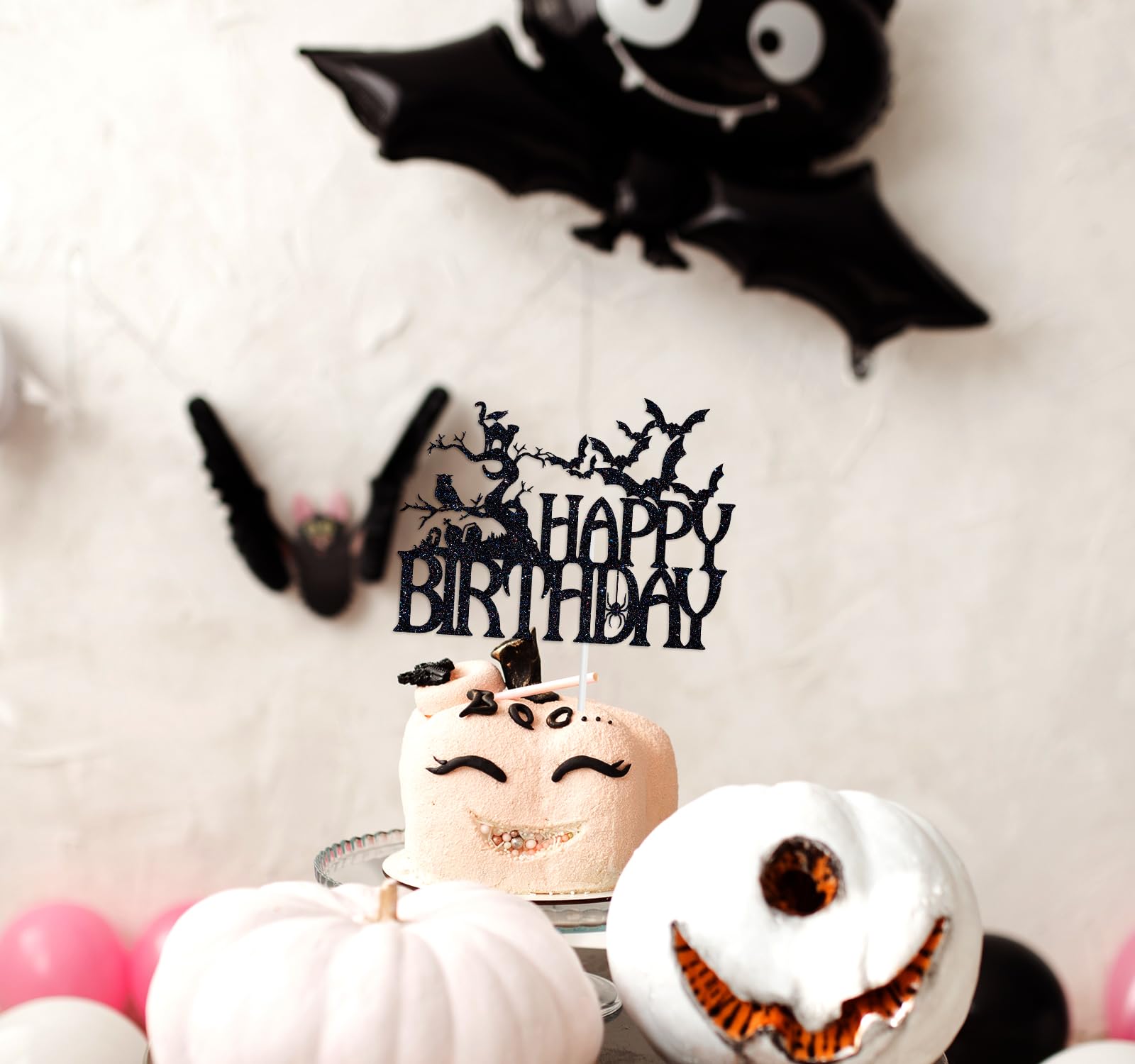 Ferastar Halloween Happy Birthday Cake Topper, Spooky Haunted House Black Glitter Cake Supplies, Creepy Birthday Themed Party Decor Black Glitter